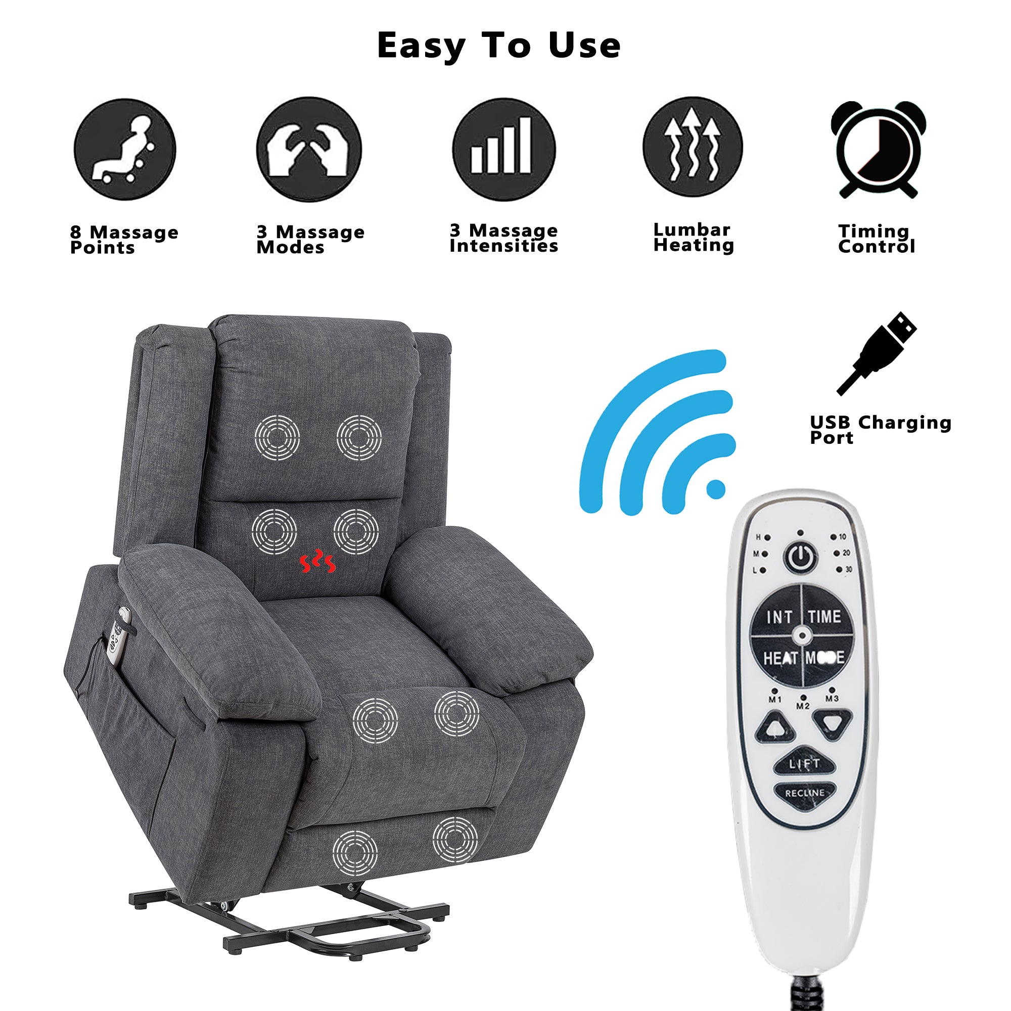Heavy Duty Power Recliner Chair With Massage and Heating, Grey, features