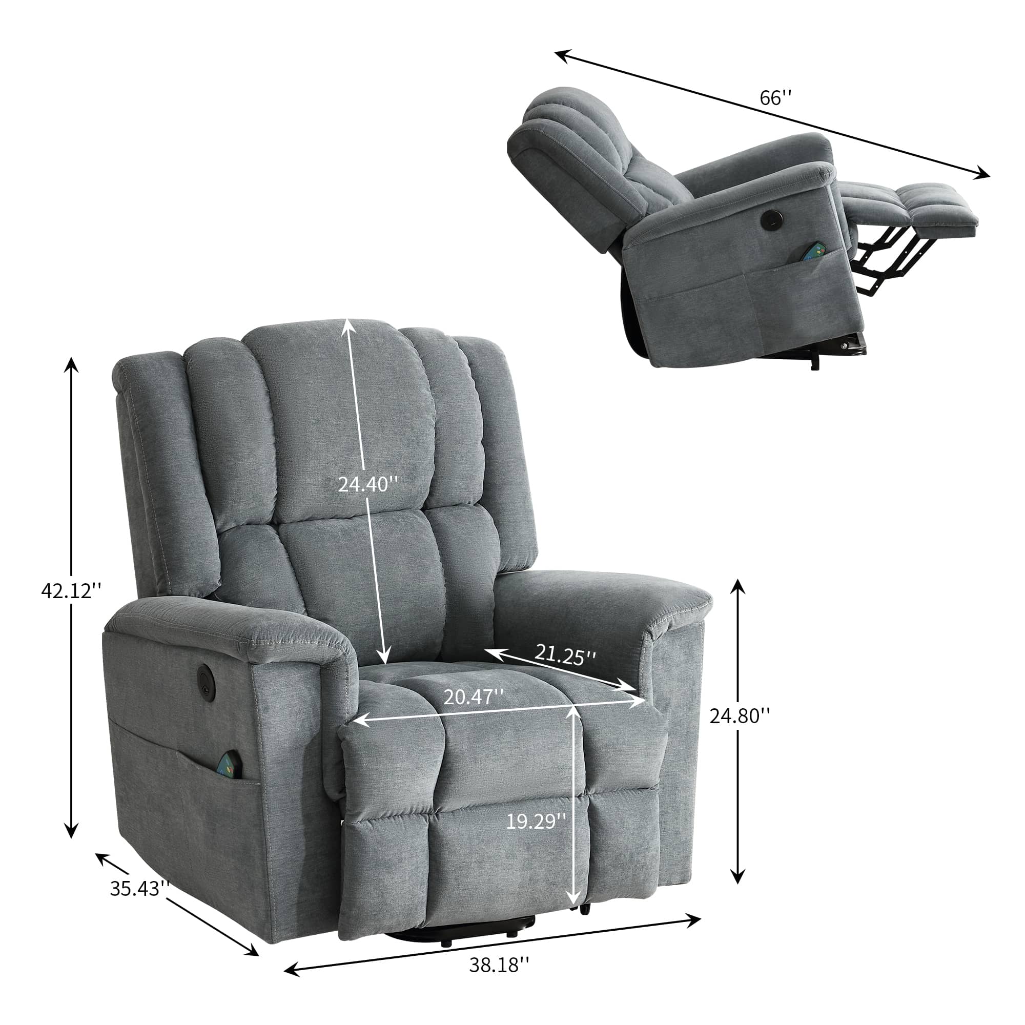 Infinite Position Power Lift Recliner with Heat and Massage, Gray, specifations
