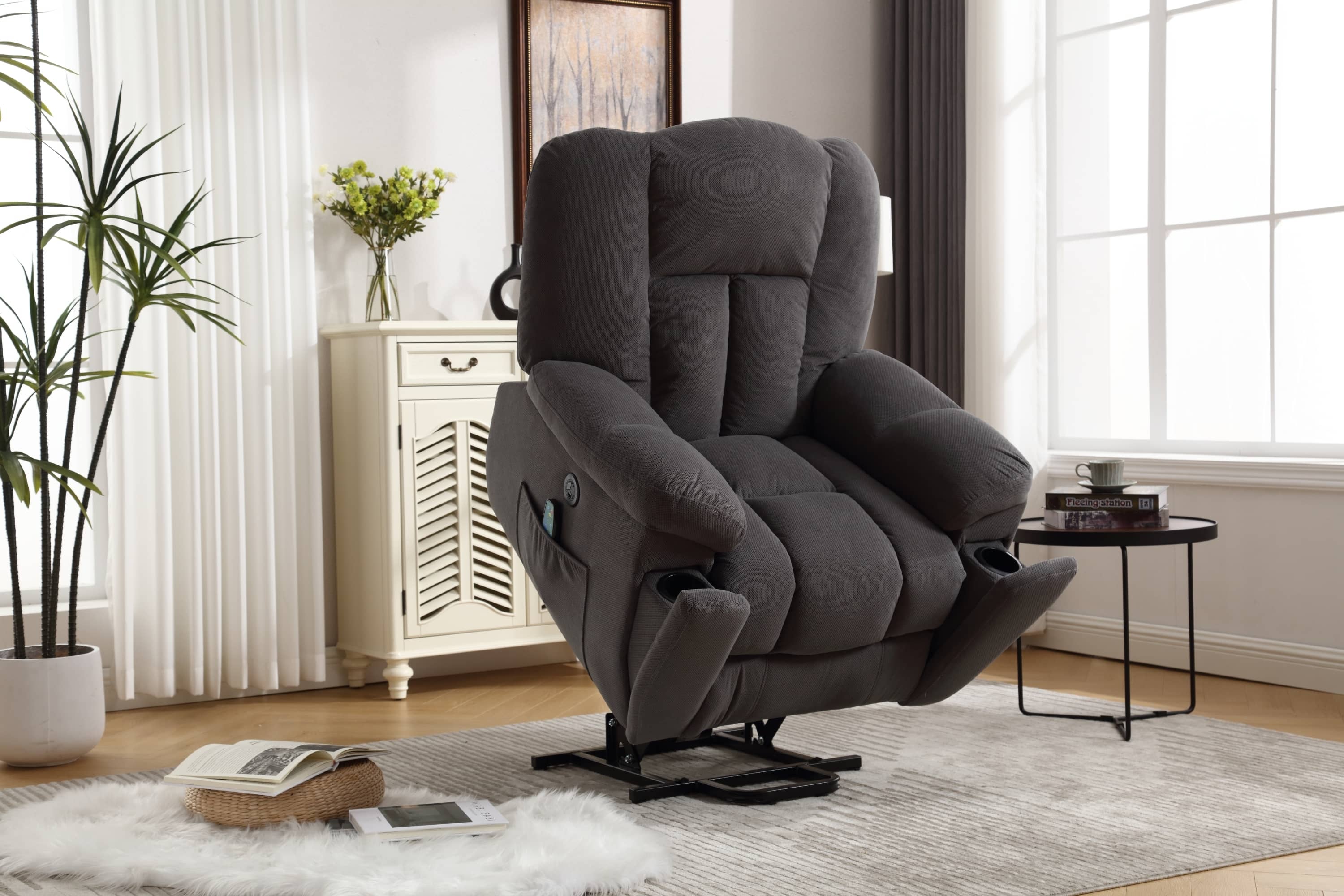 Infinite Position Power Lift Recliner with Heat and Massage, Dark Gray, room view, lifted with cup holders