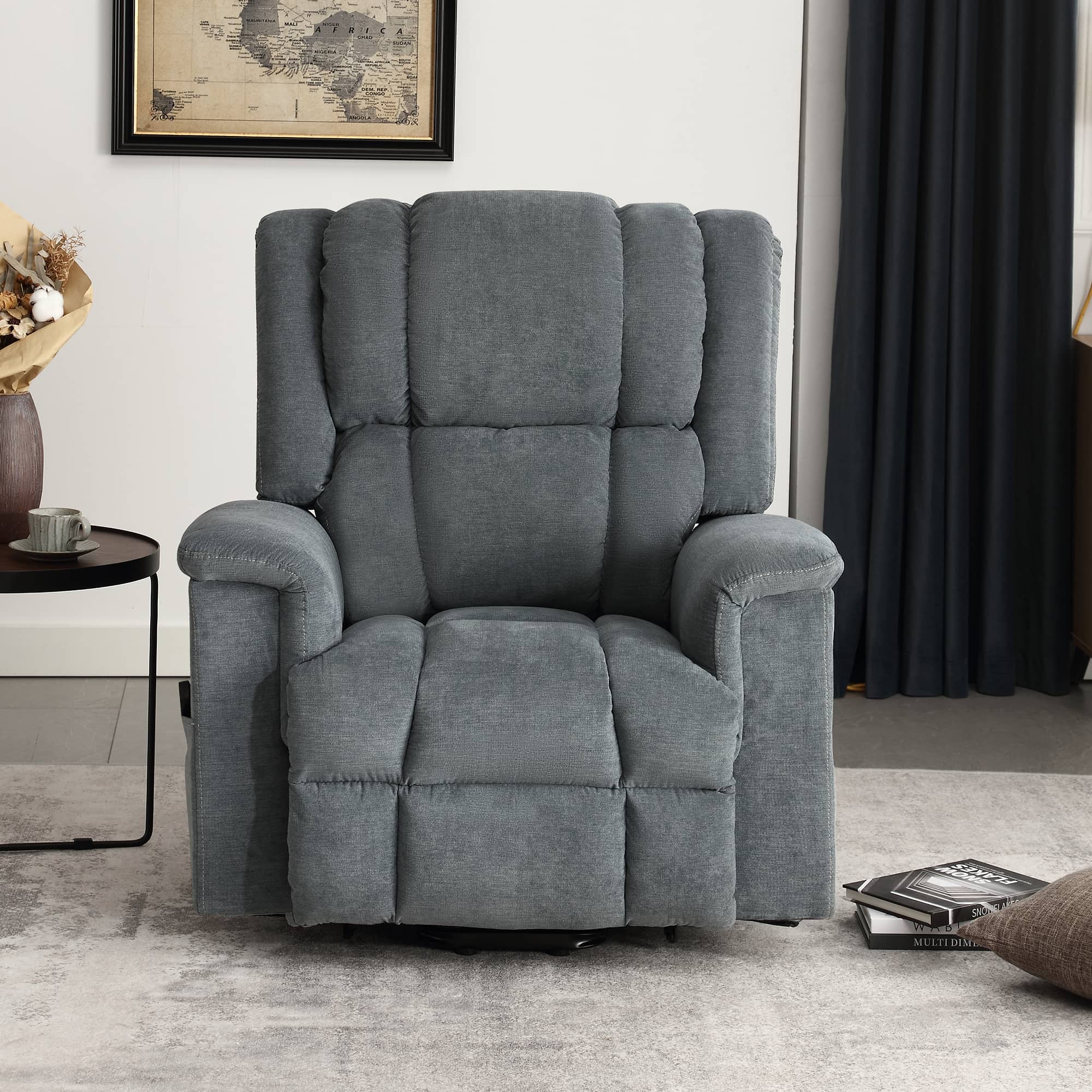 Infinite Position Power Lift Recliner with Heat and Massage, Gray, seated front view