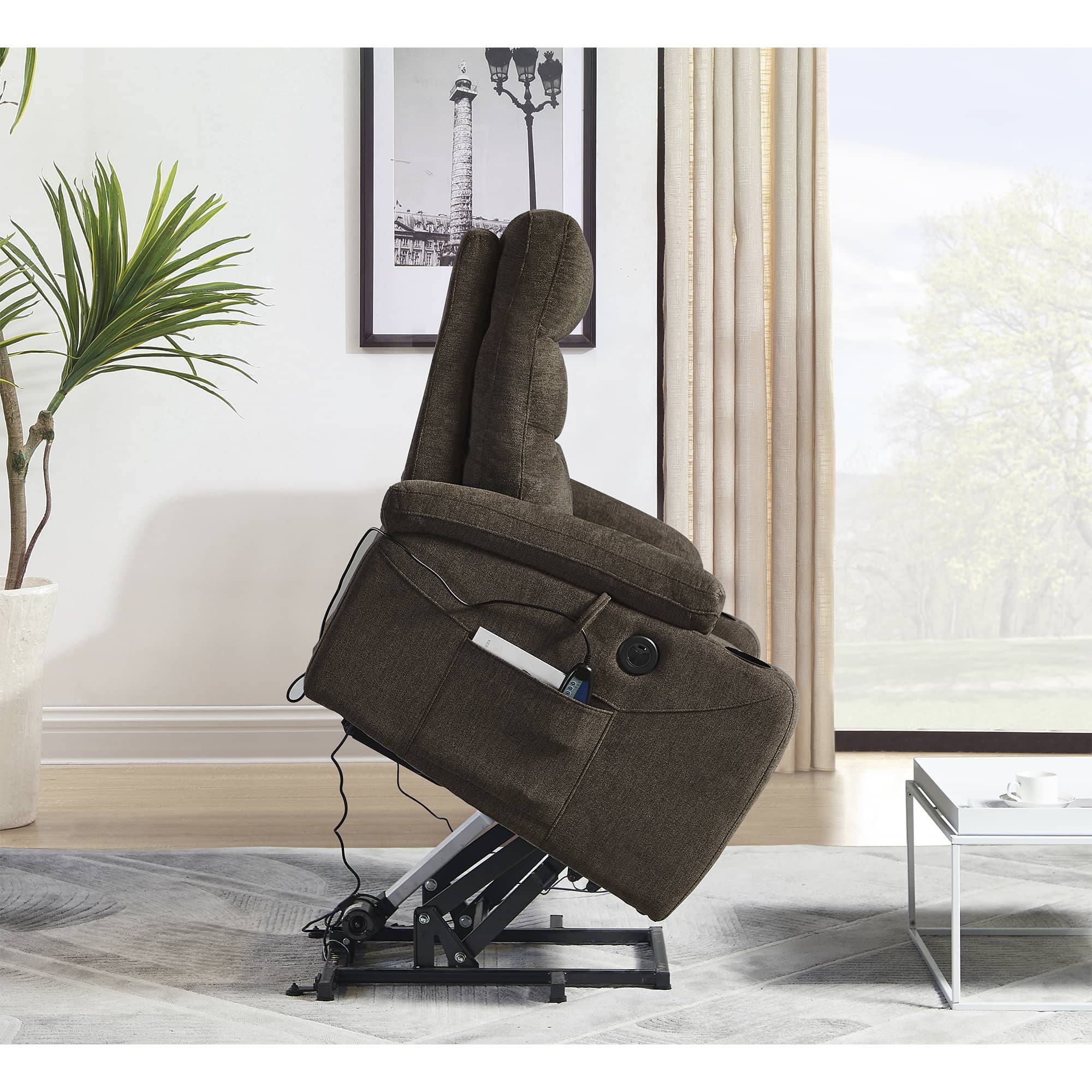 Dark Brown Power Lift Chair Right Side Profile with Lift Extended