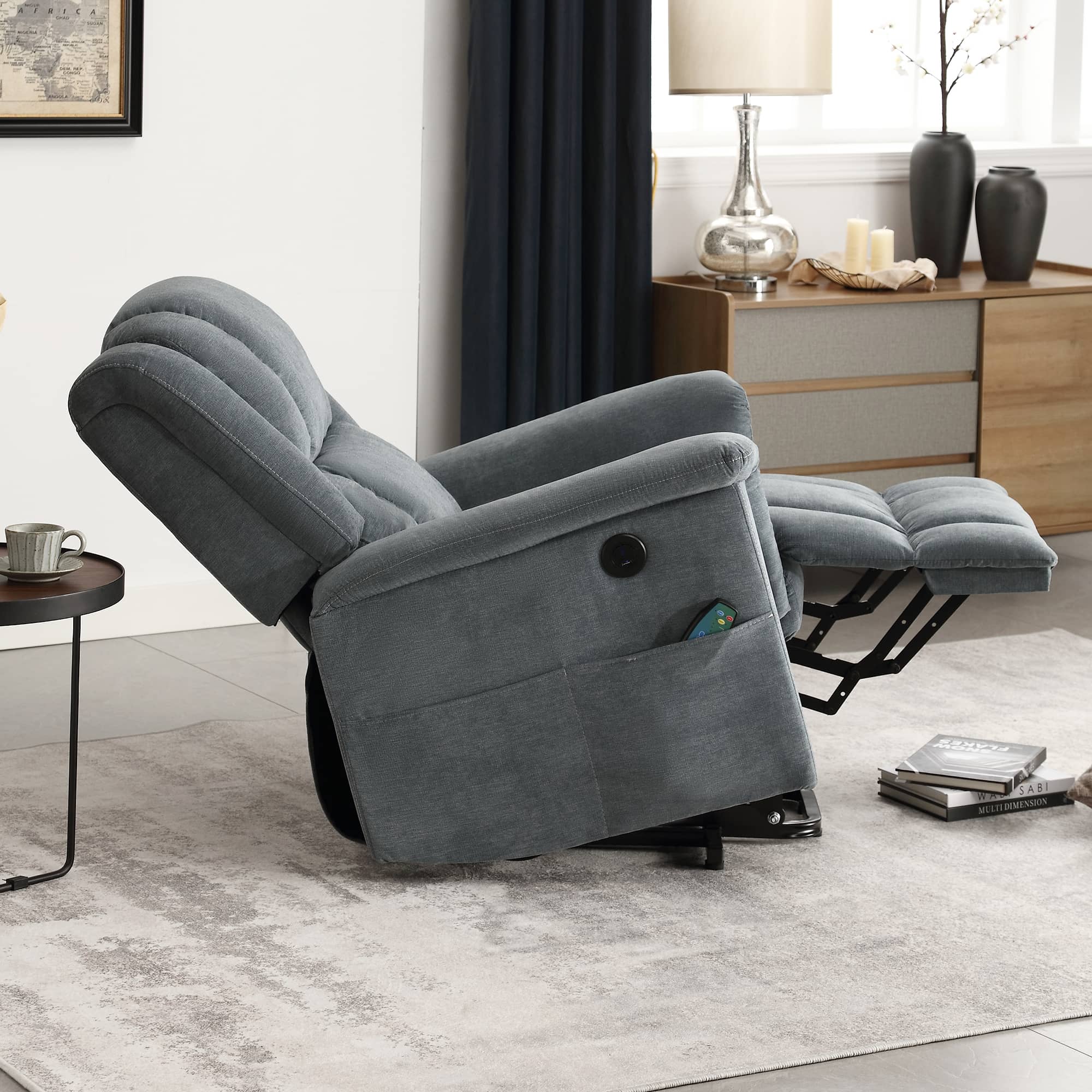 Infinite Position Power Lift Recliner with Heat and Massage, Gray, reclined, side view