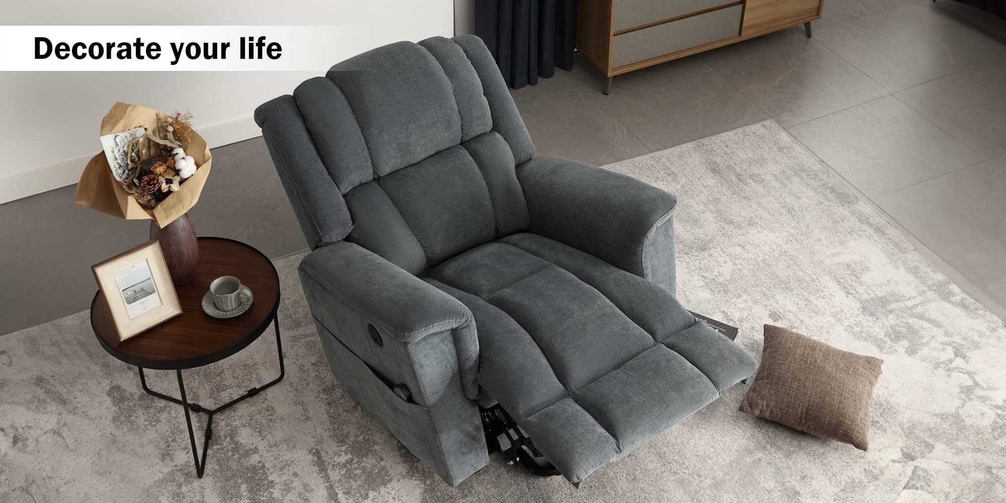 Infinite Position Power Lift Recliner with Heat and Massage, Gray, top view reclined