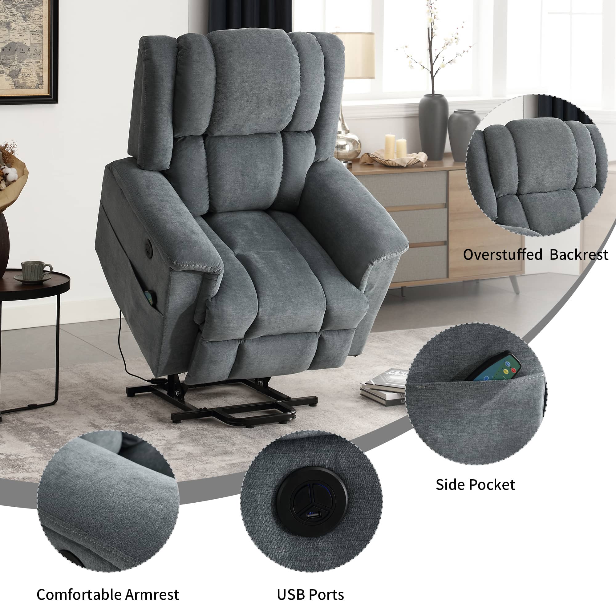Infinite Position Power Lift Recliner with Heat and Massage, Gray, features