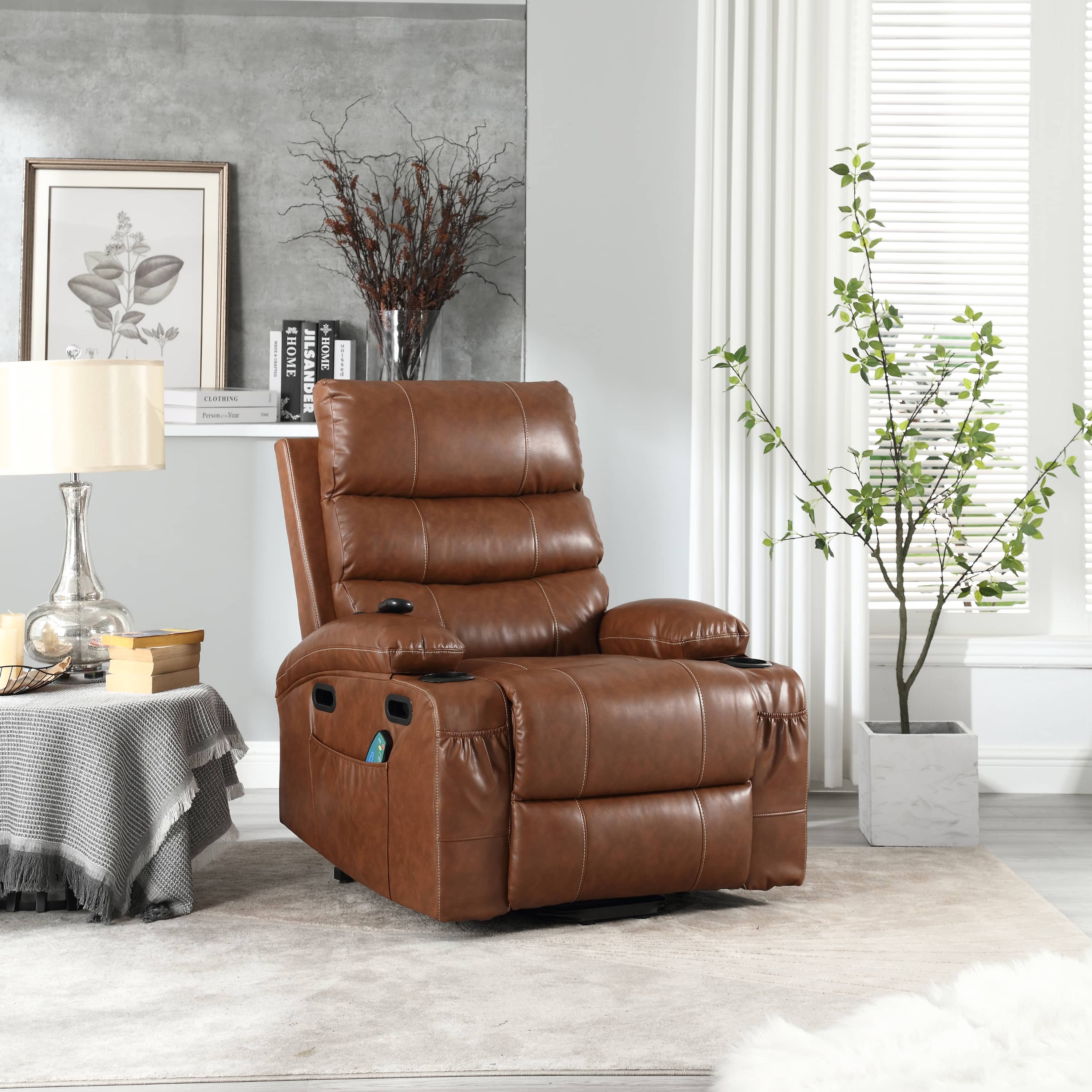 Overstuffed Large Power Lift Recliner with Massage and Heat, Brown, seated, angle, room view