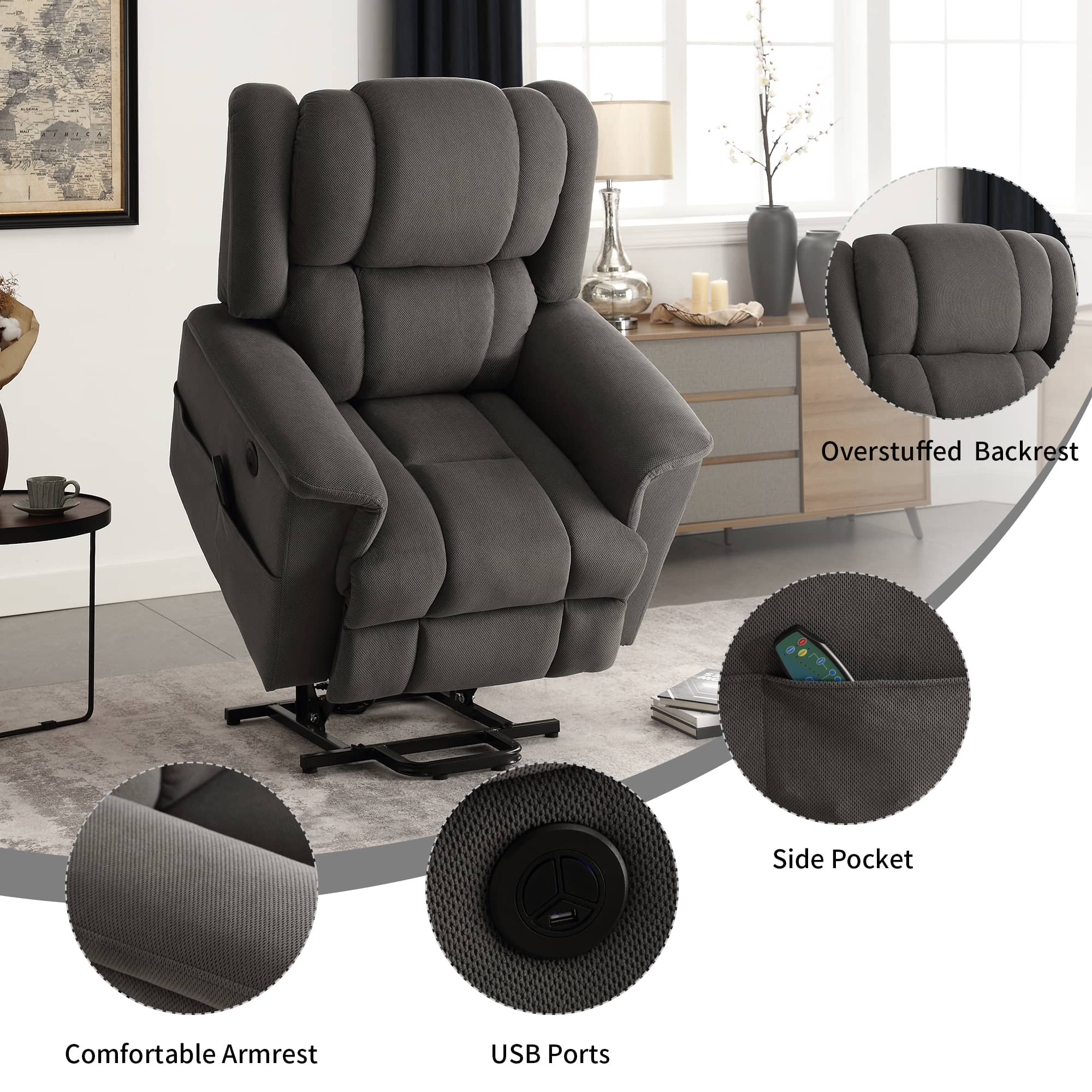Infinite Position Power Lift Recliner with Heat and Massage, Dark Gray, features