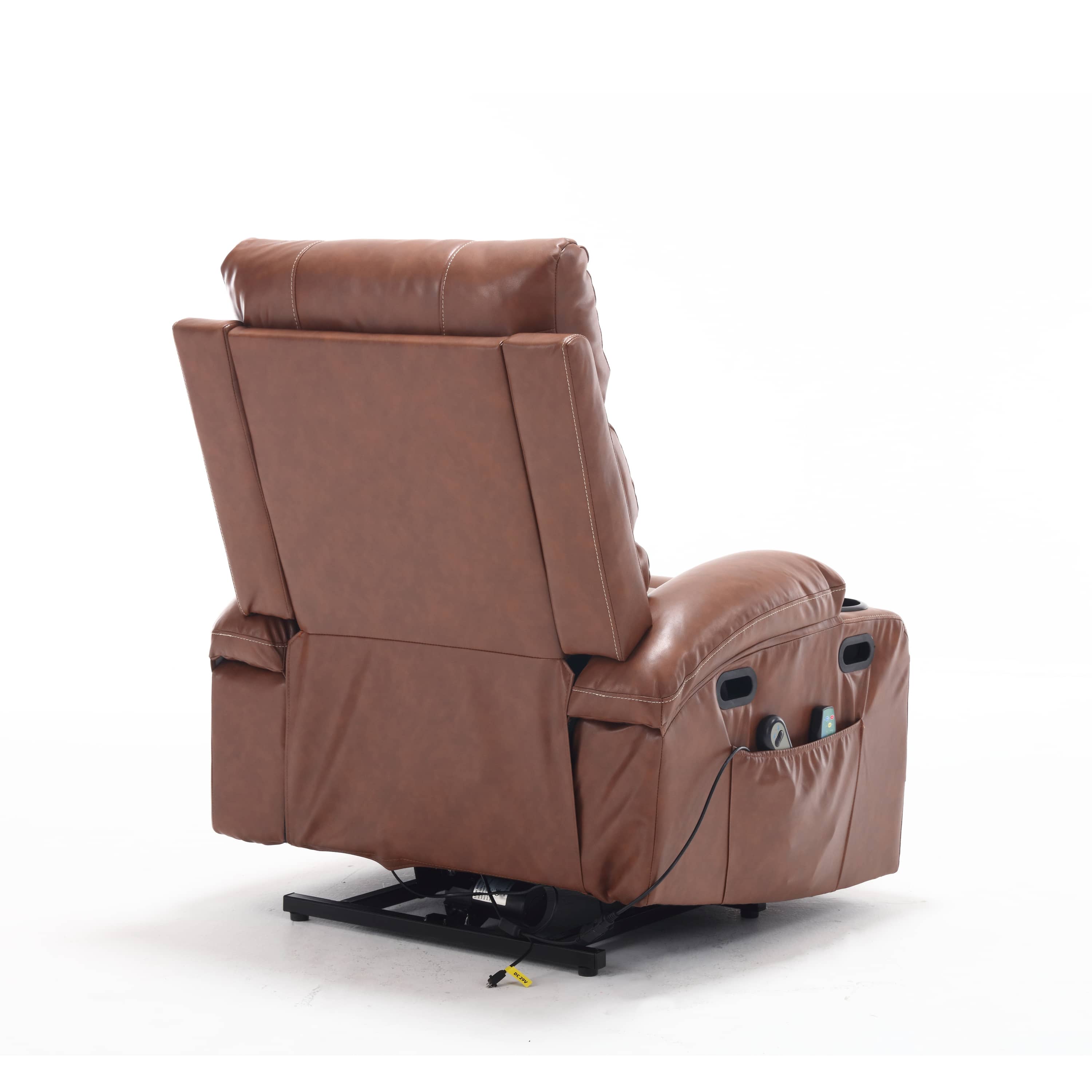 Overstuffed Large Power Lift Recliner with Massage and Heat, Brown, seated, back view