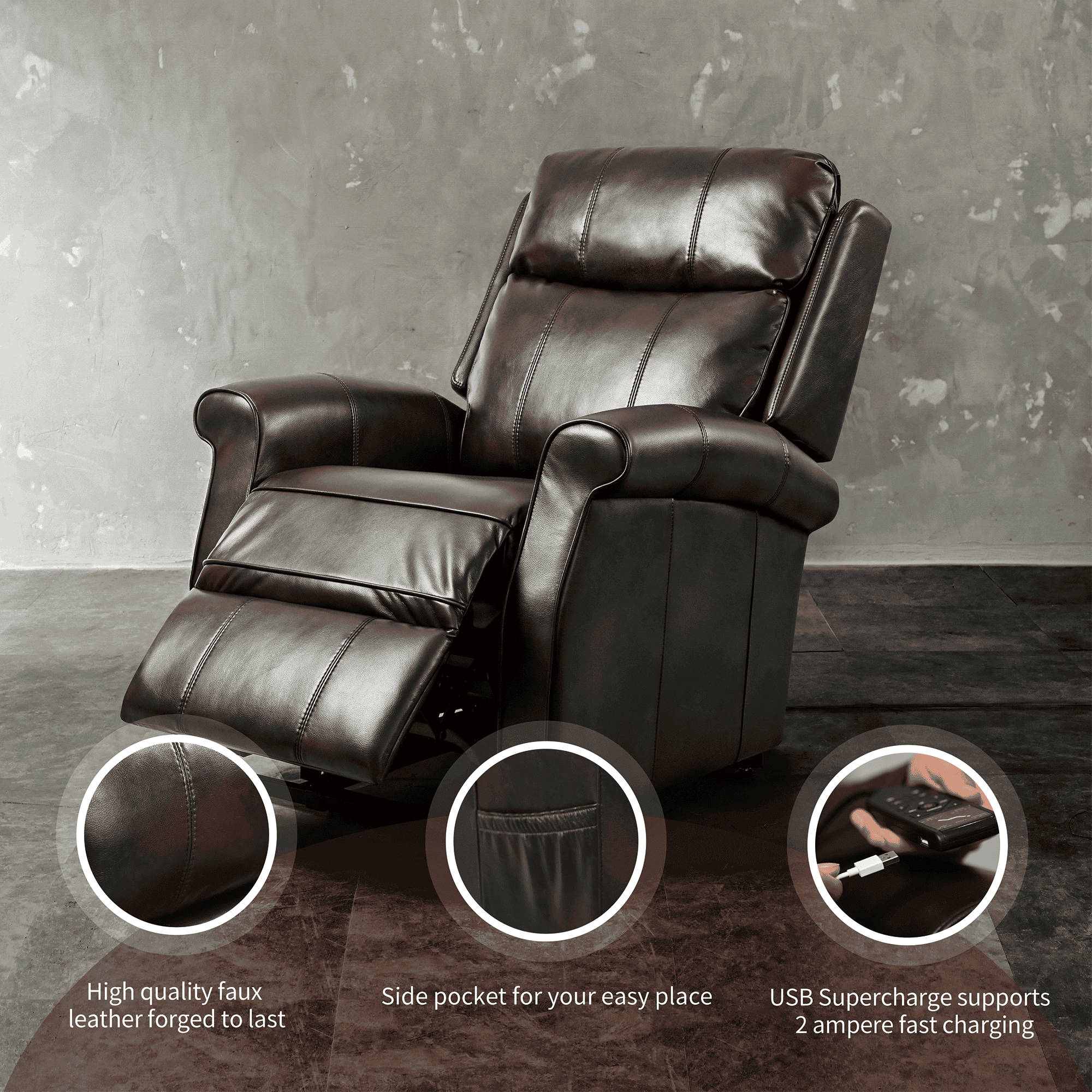Brown Electric Power Lift Recliner Chair with Massage and Heat, features