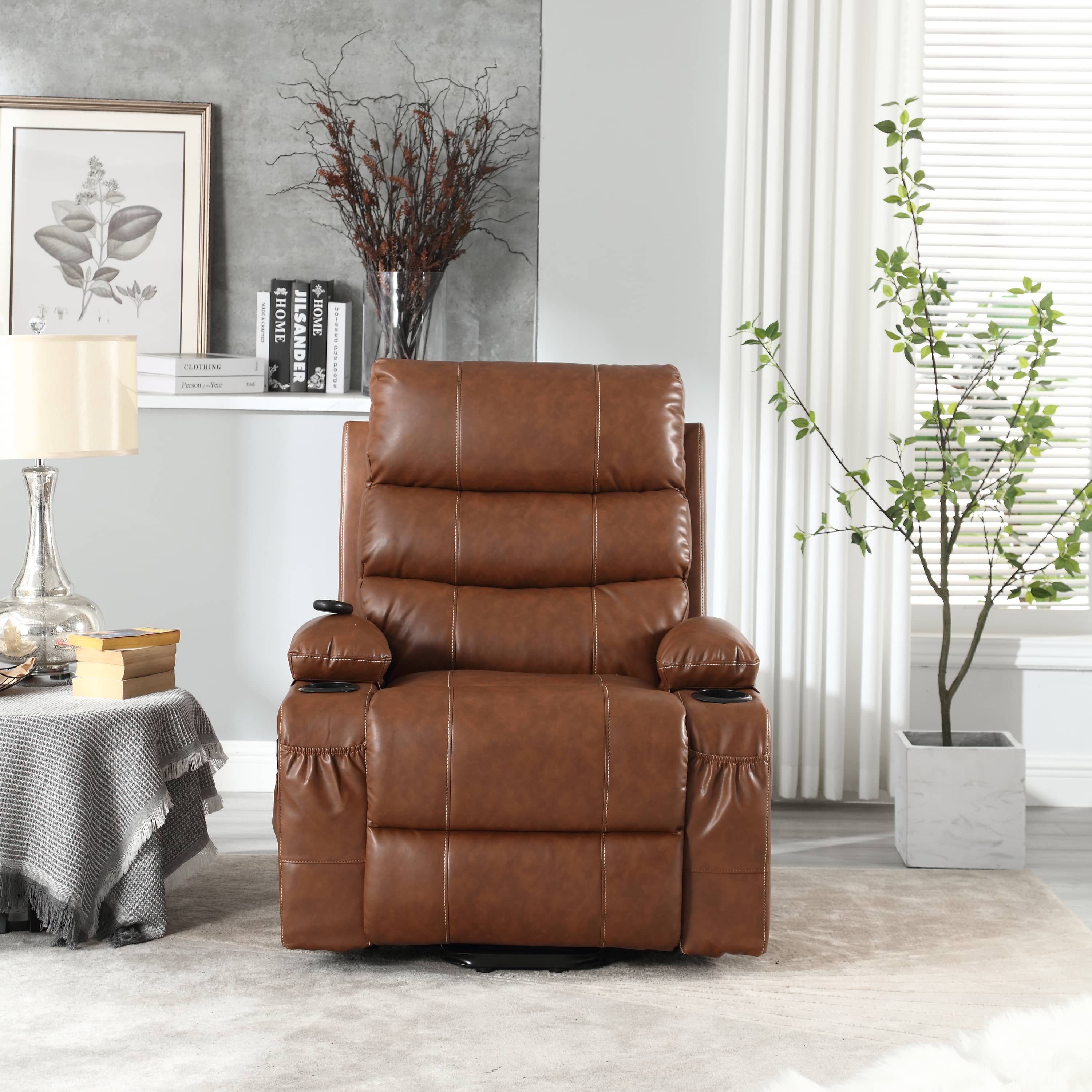 Overstuffed Large Power Lift Recliner with Massage and Heat, Brown