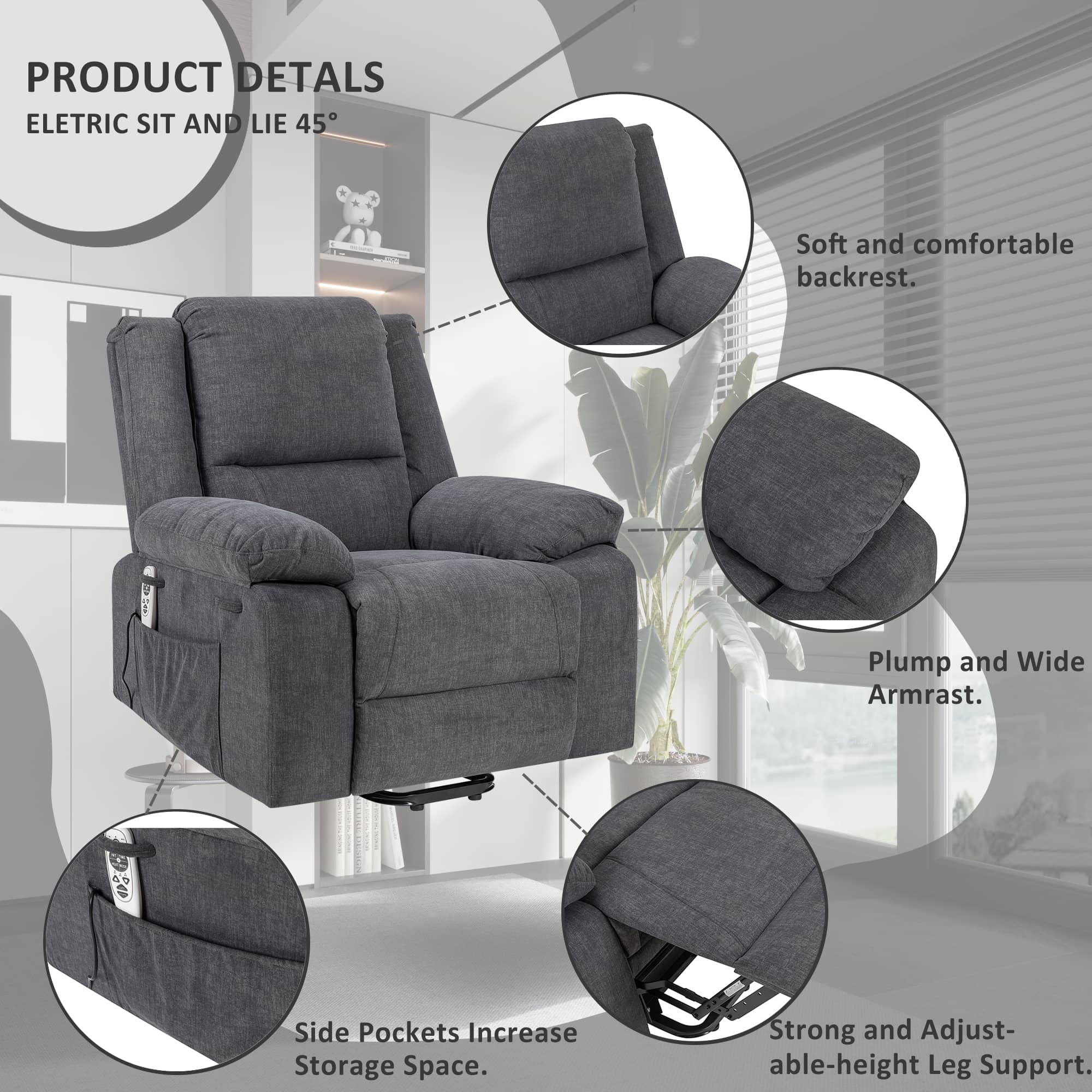 Heavy Duty Power Recliner Chair With Massage and Heating, Grey, features