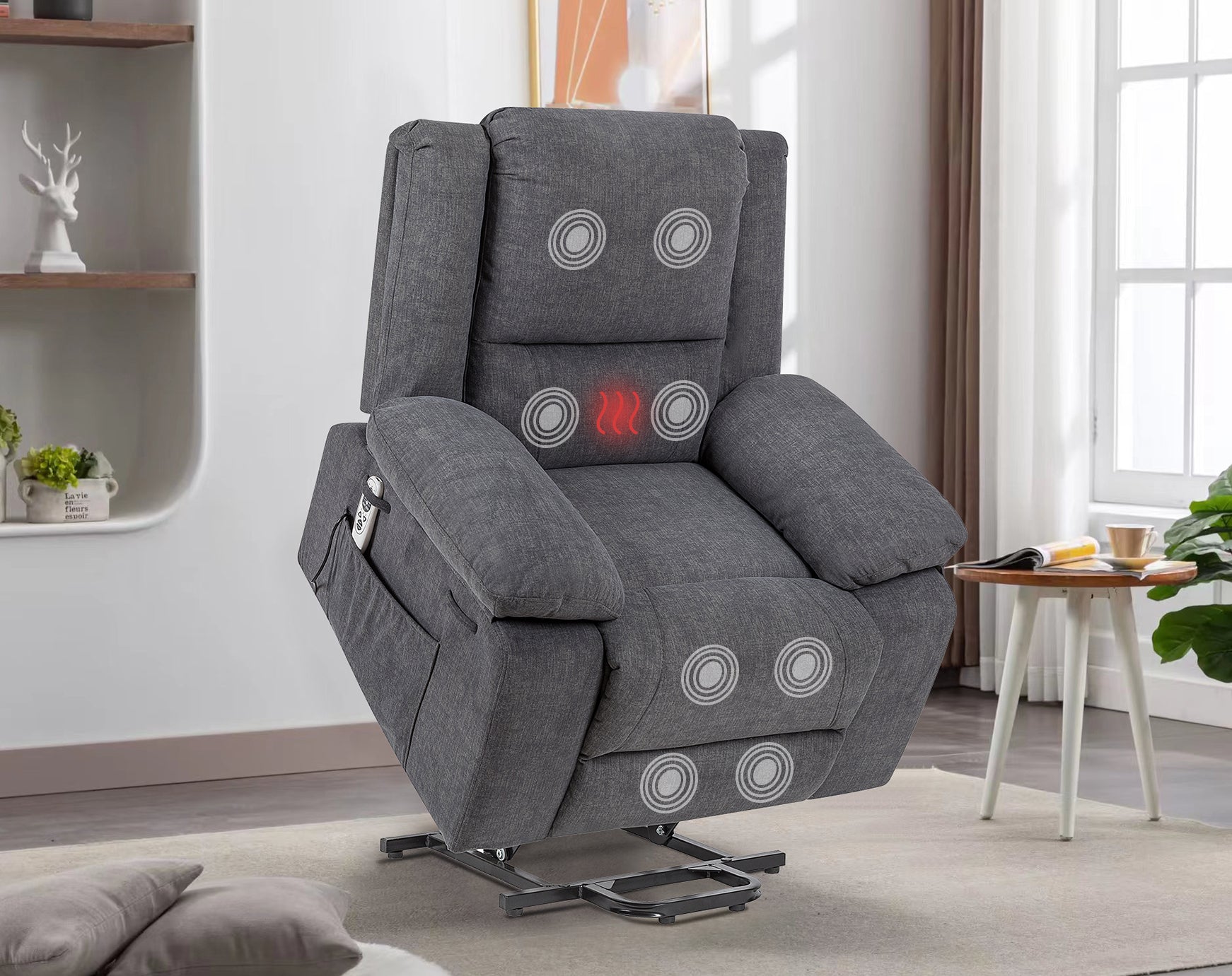 Heavy Duty Power Recliner Chair With Massage and Heating, Grey, lifted with massage and heat points