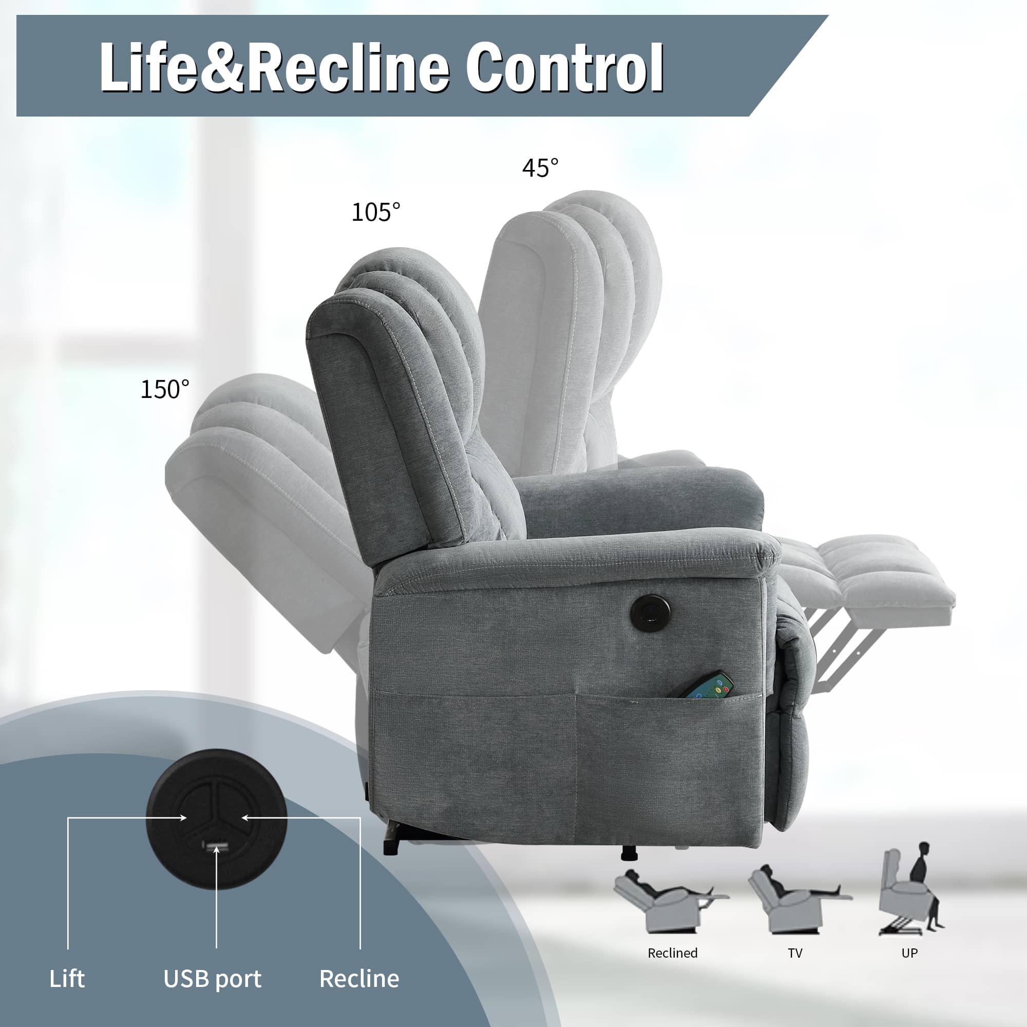 Infinite Position Power Lift Recliner with Heat and Massage, Gray, lift and recline control