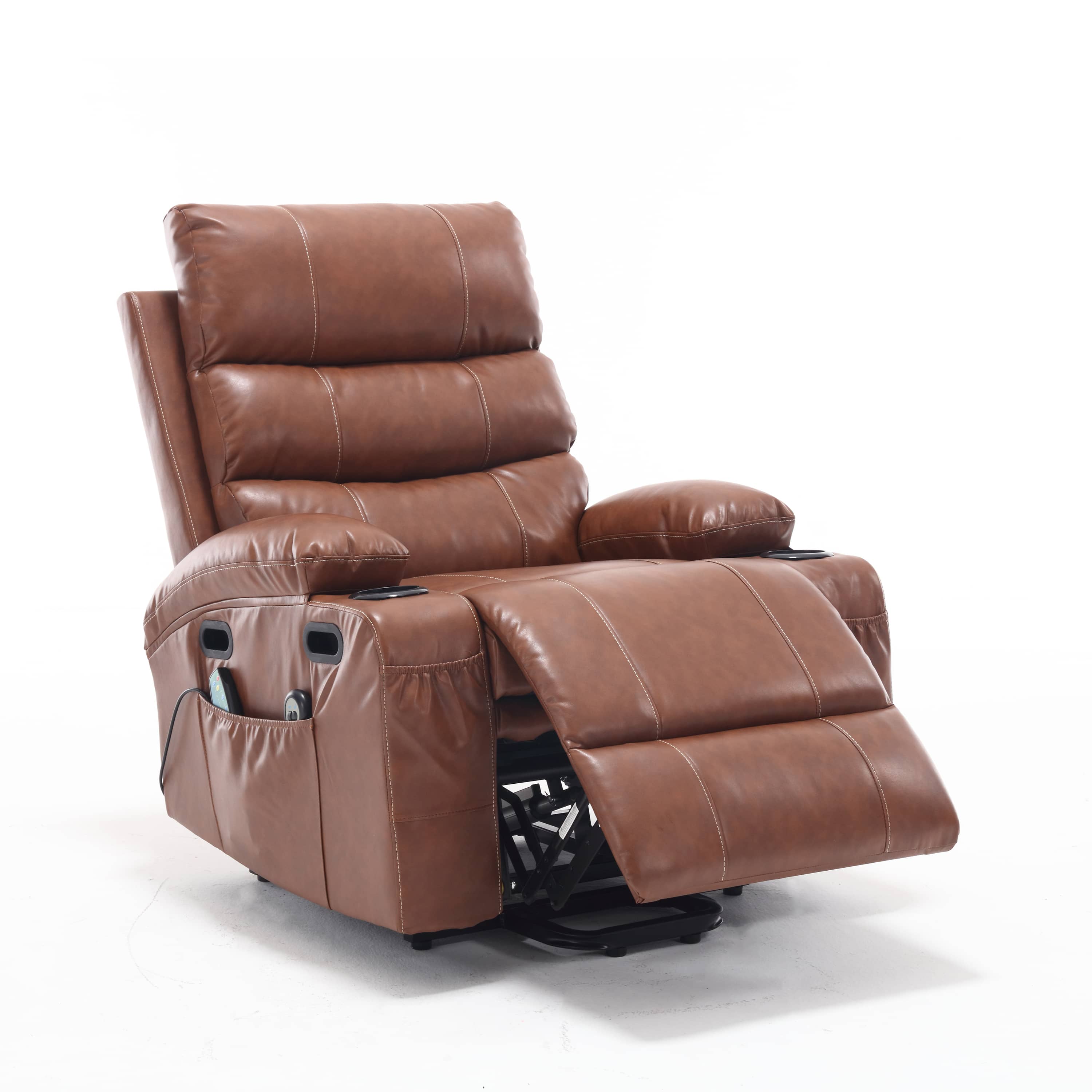 Overstuffed Large Power Lift Recliner with Massage and Heat, Brown, starting to recline, angle view