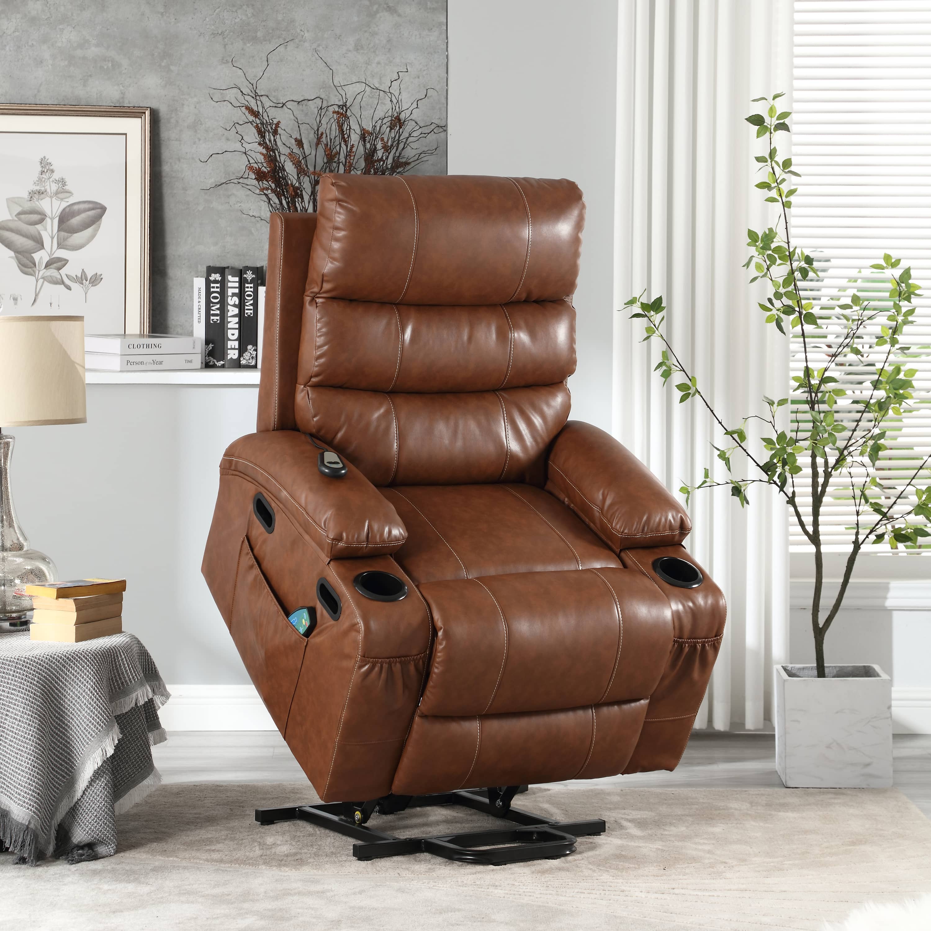 Overstuffed Large Power Lift Recliner with Massage and Heat, Brown