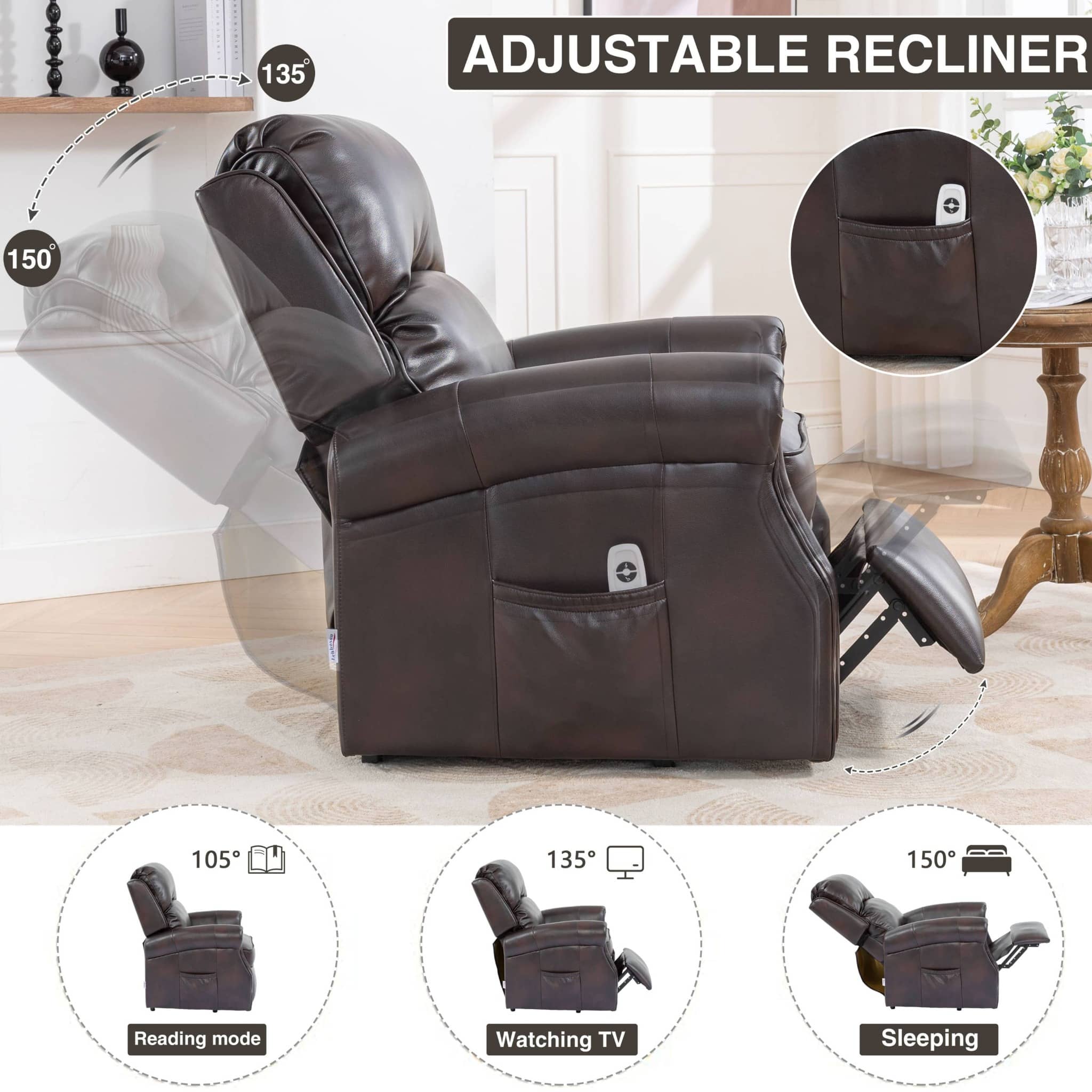Lift Recliner Chair, Brown, adjustment angles