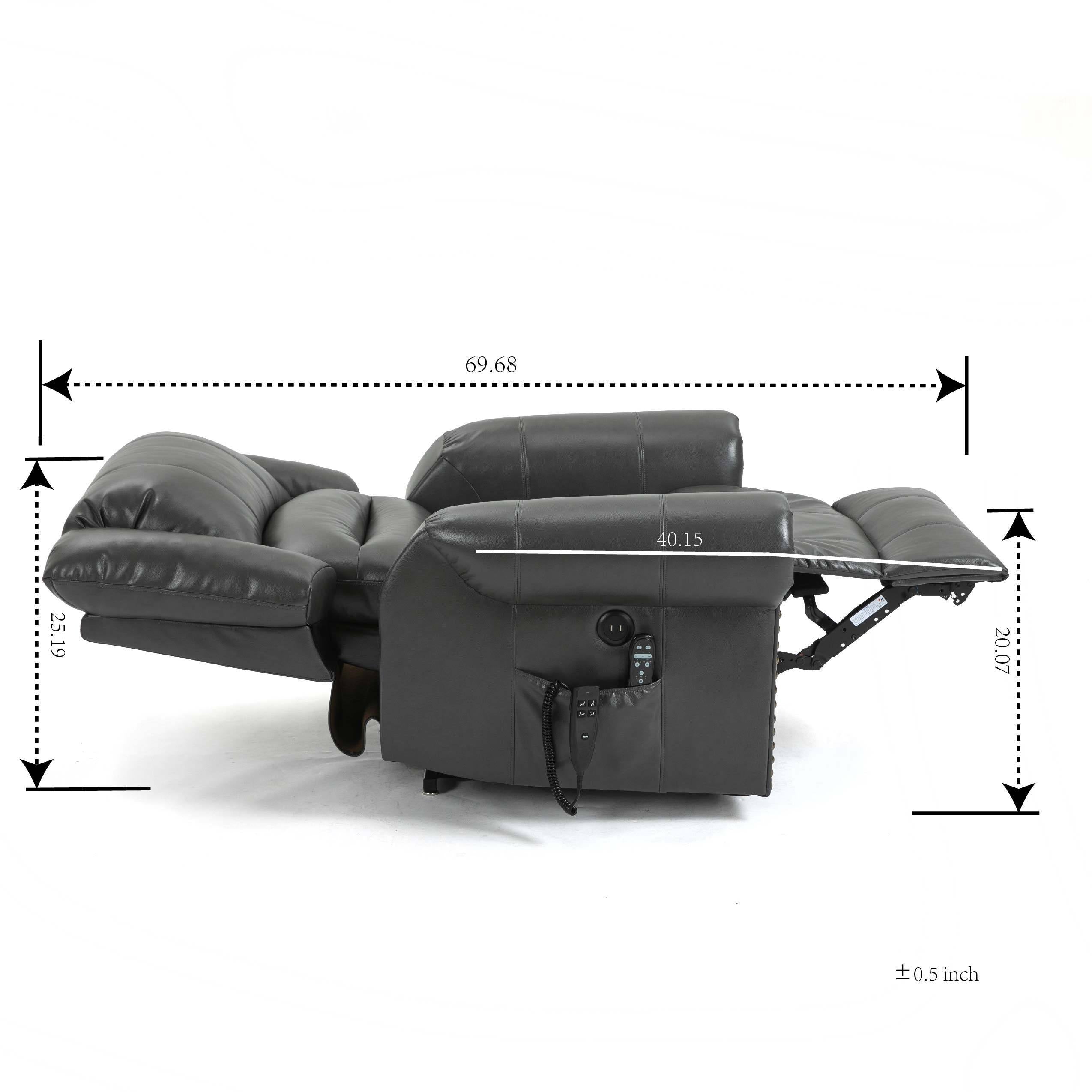 Grey Power Lift Recliner Chair with Heat, Massage, and Infinite Positioning, lay flat dimensions