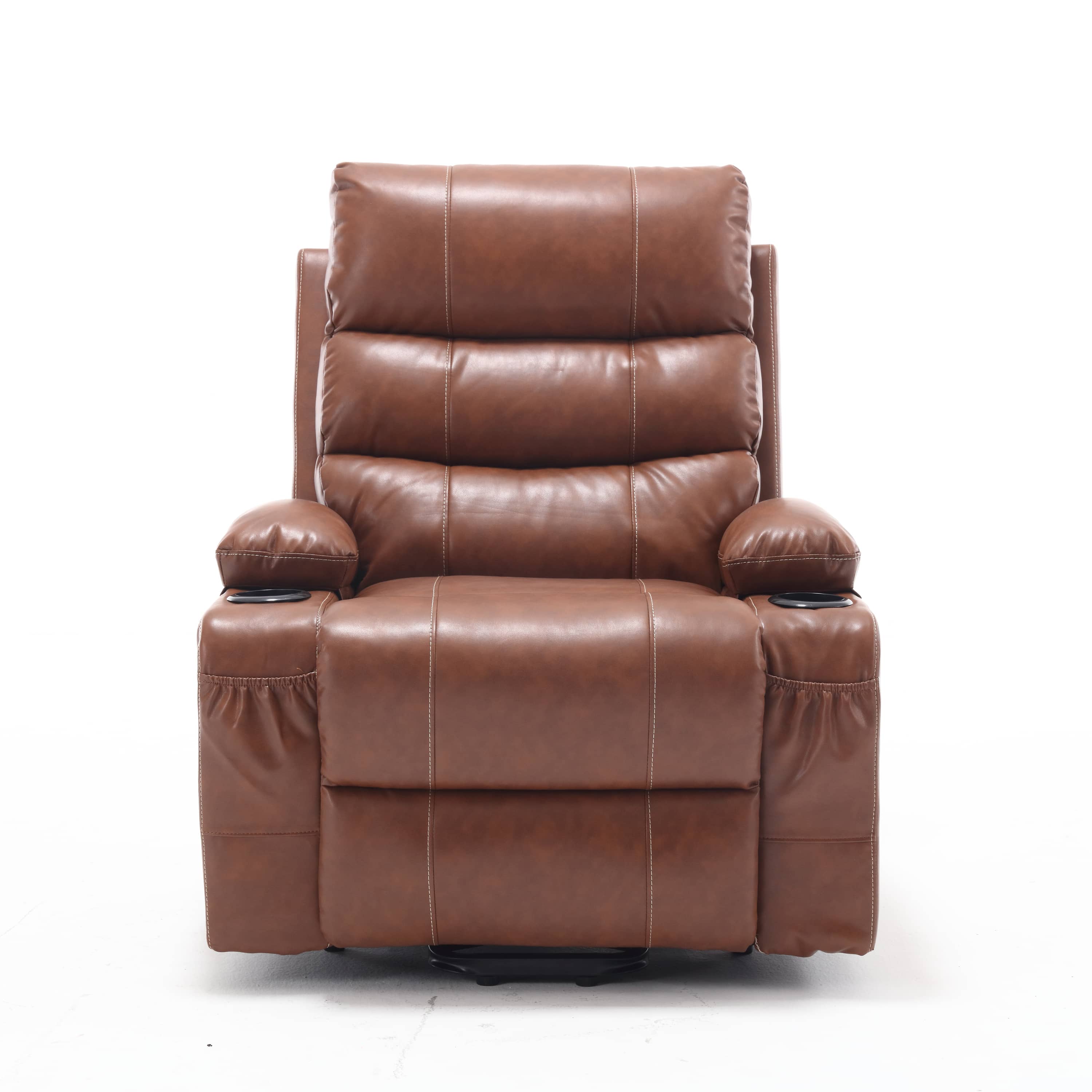 Overstuffed Large Power Lift Recliner with Massage and Heat, Brown, front view seated