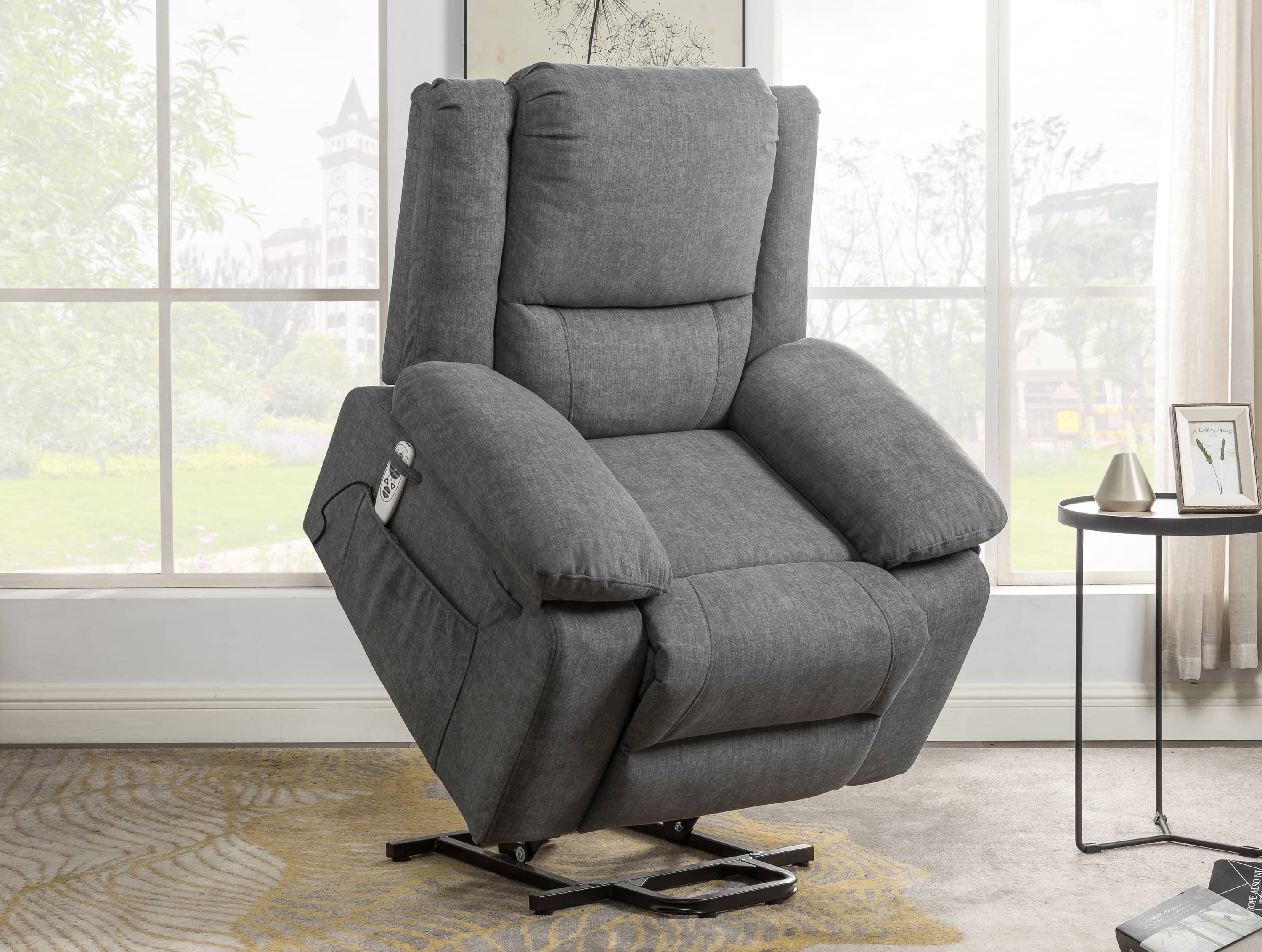 Heavy Duty Power Recliner Chair With Massage and Heating, Grey, lifted room view