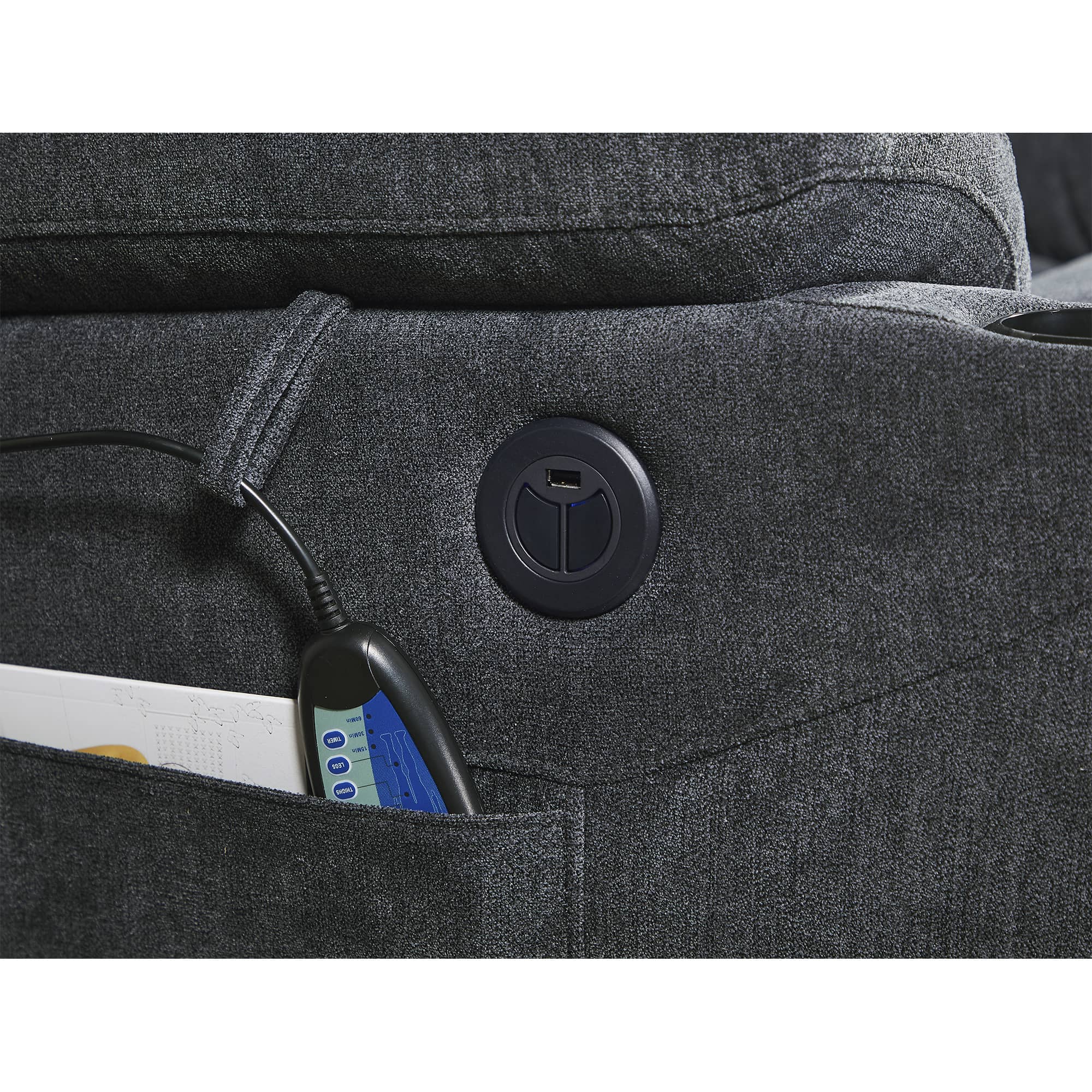 Dark Gray Power Lift Chair Right Profile Pocket Closeup