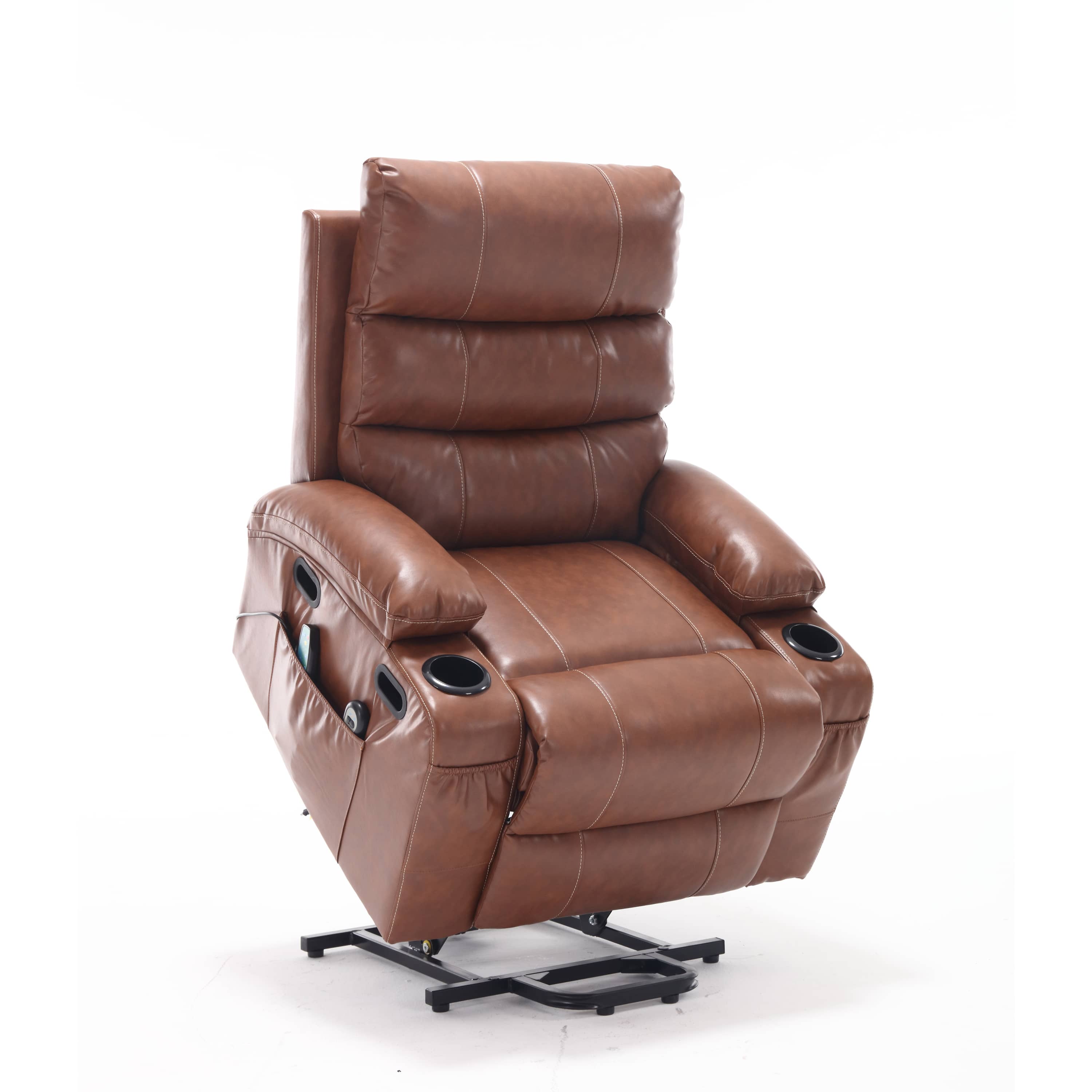 Overstuffed Large Power Lift Recliner with Massage and Heat, Brown, lifted angle view