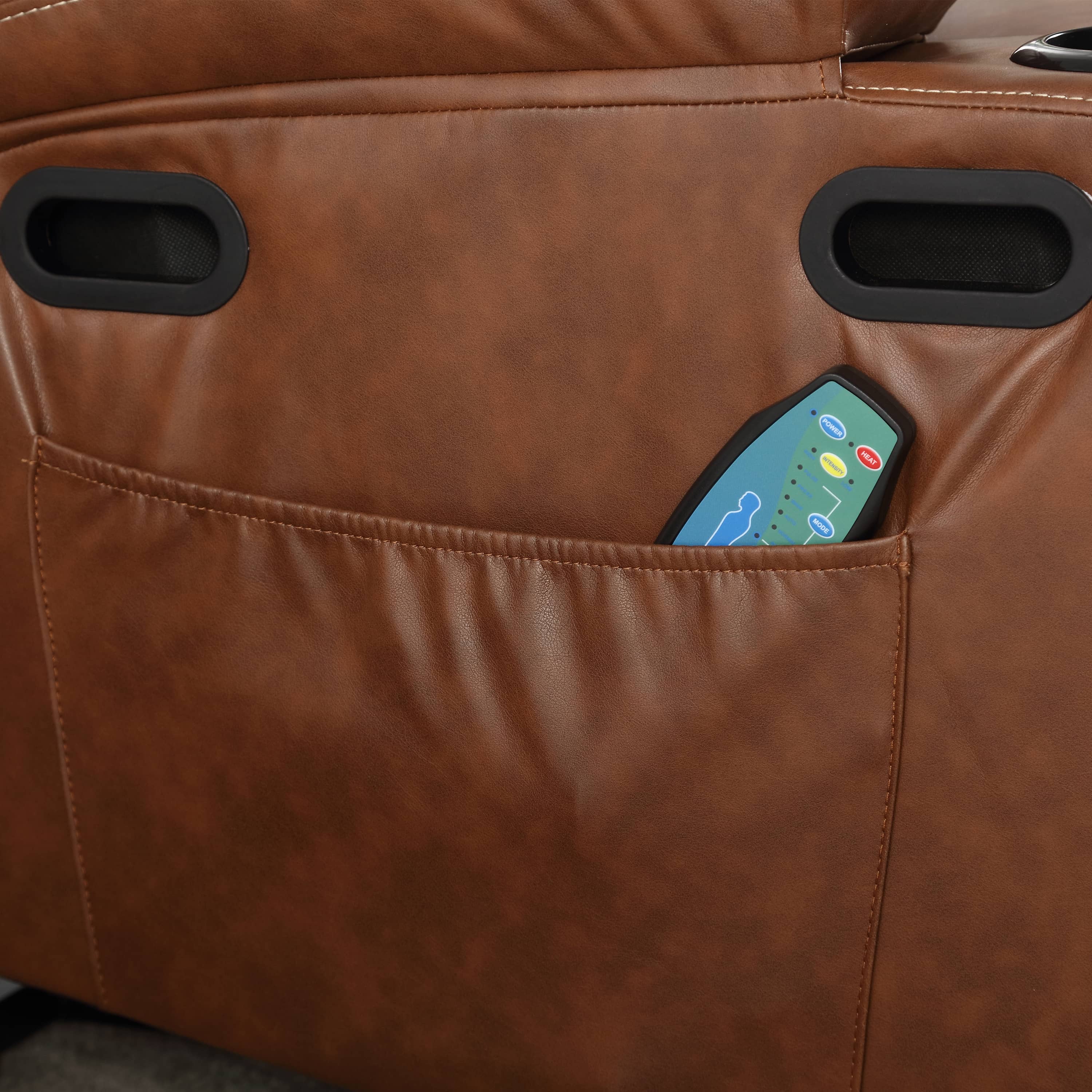 Overstuffed Large Power Lift Recliner with Massage and Heat, Brown, side pocket with remote