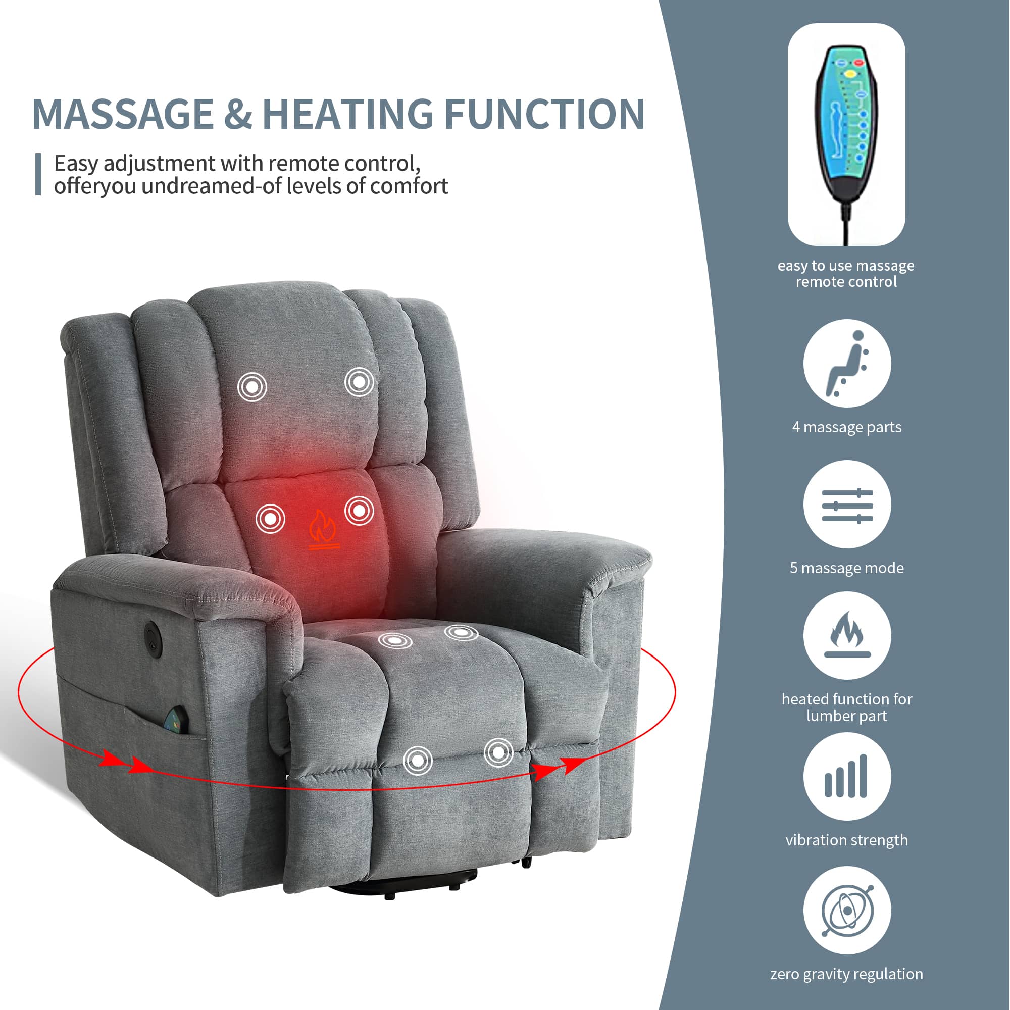 Infinite Position Power Lift Recliner with Heat and Massage, Gray, massage and heat features