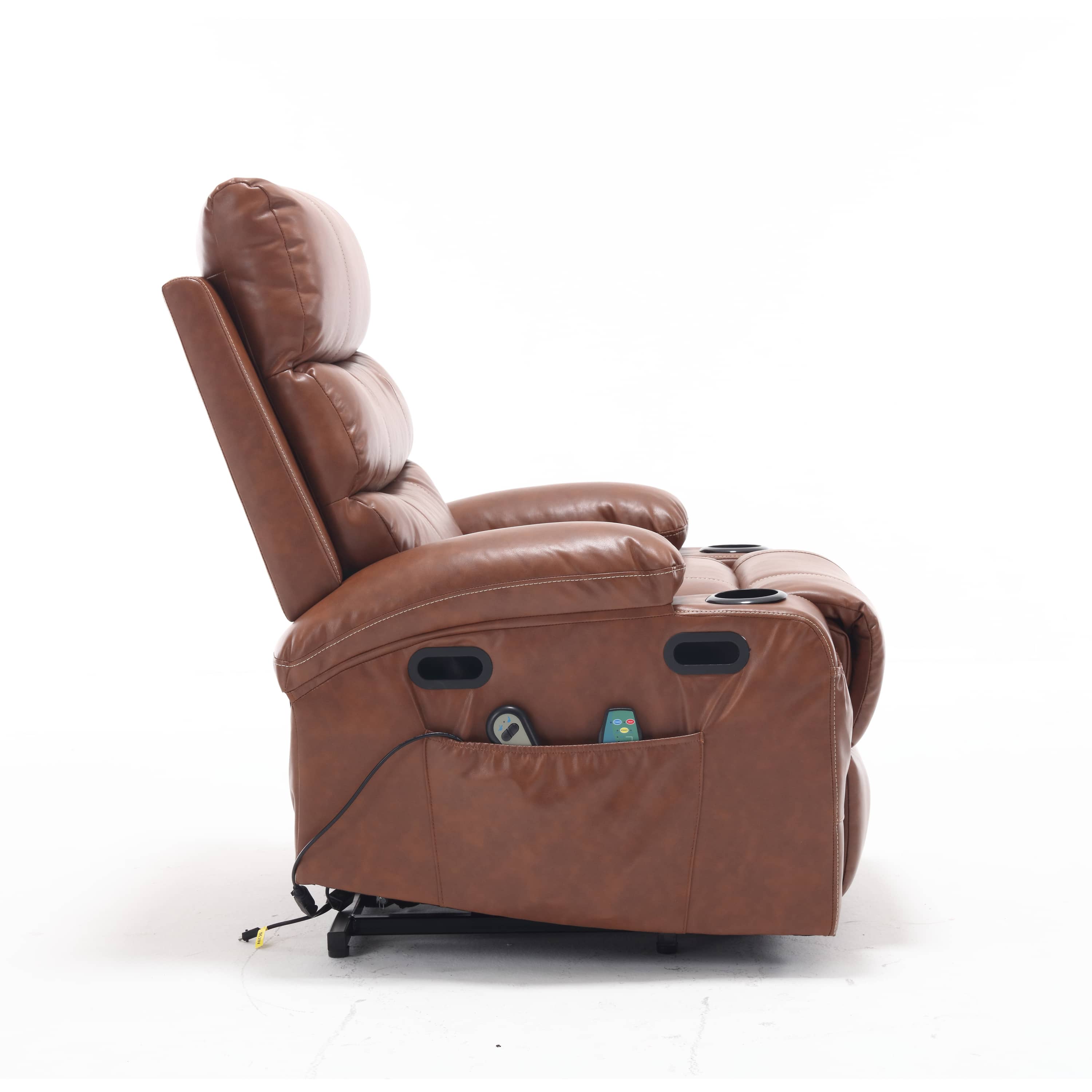 Overstuffed Large Power Lift Recliner with Massage and Heat, Brown, side view, seated