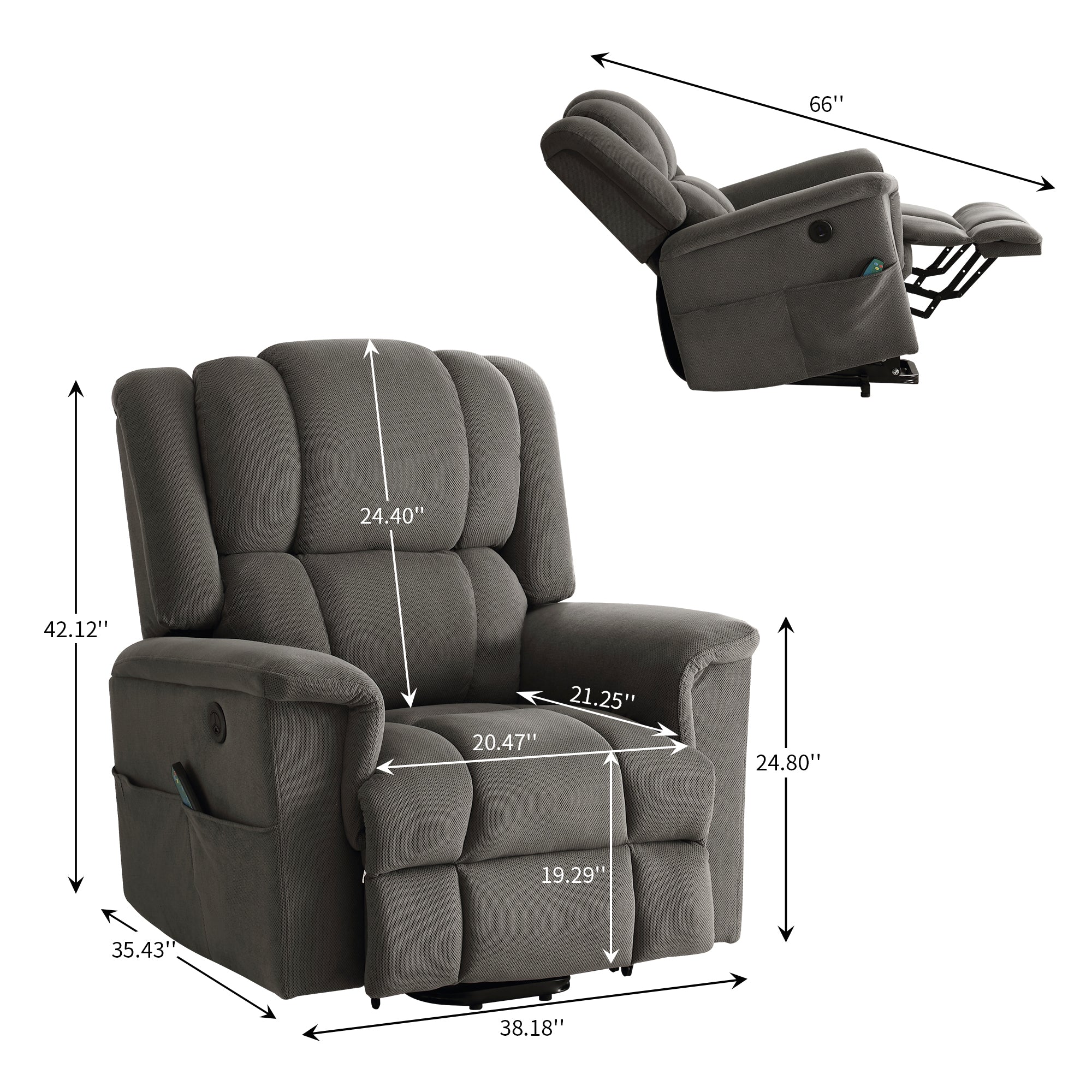 Infinite Position Power Lift Recliner with Heat and Massage, Dark Gray, specifications