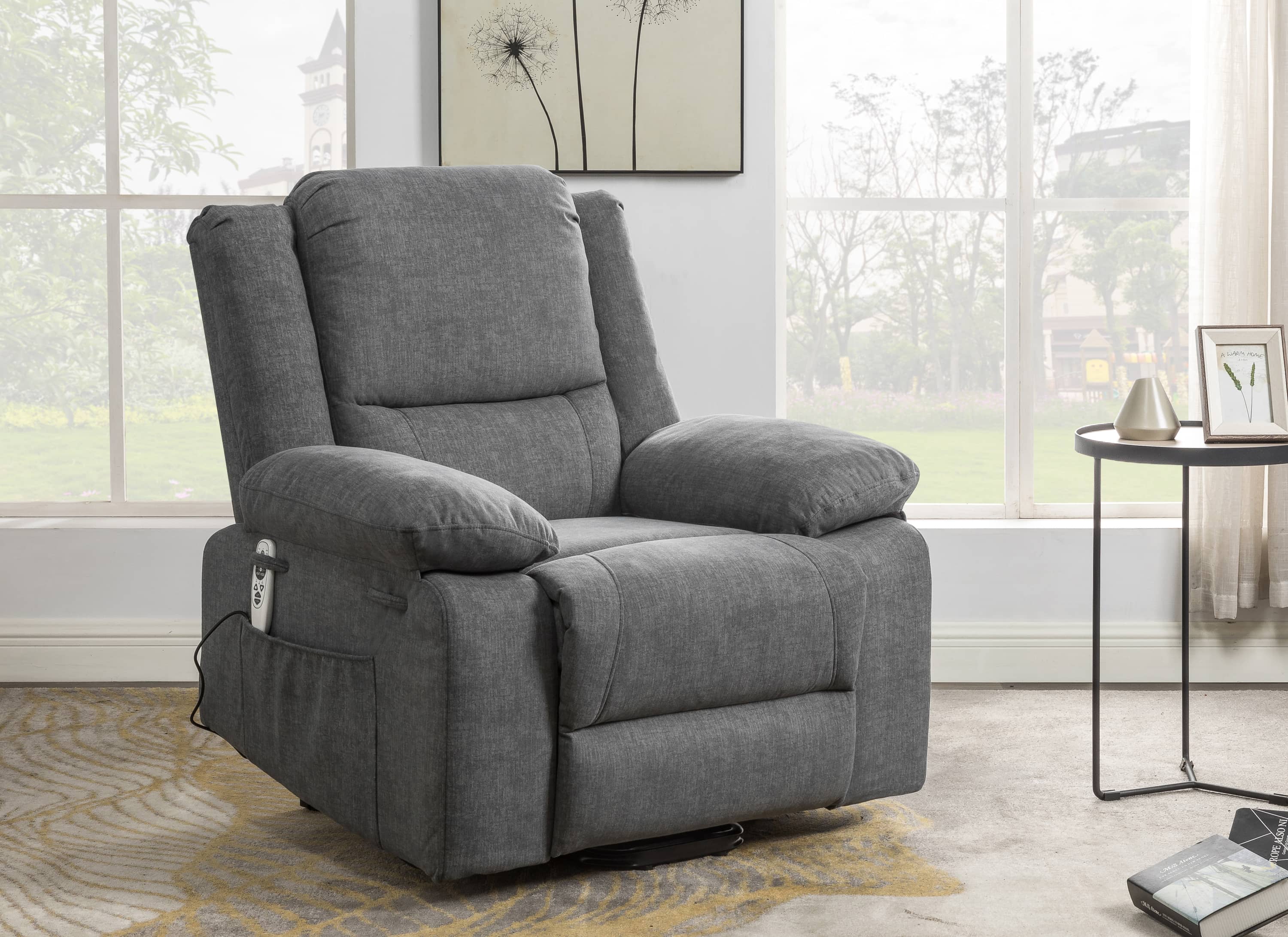Heavy Duty Power Recliner Chair With Massage and Heating, Grey, seated angle room view