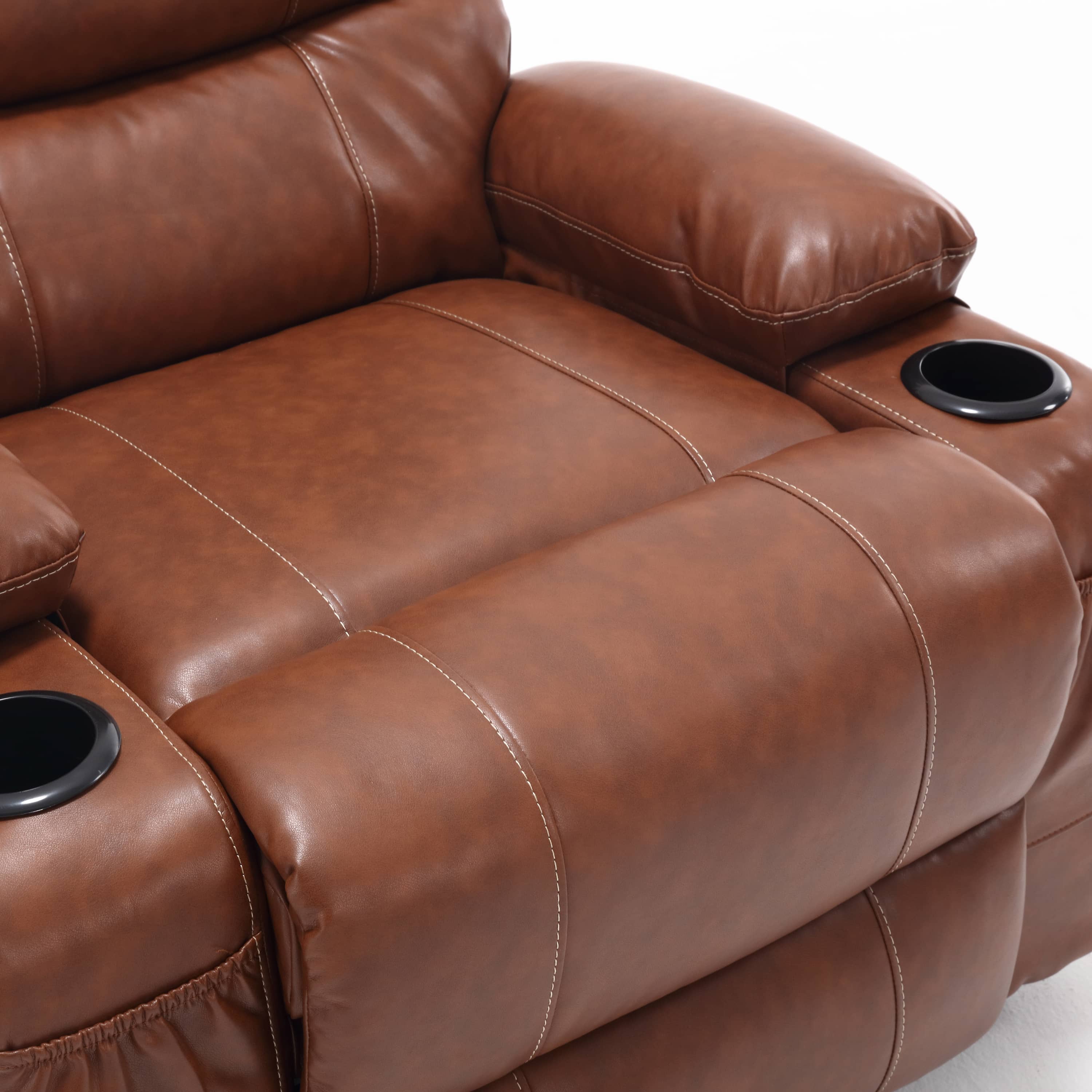 Overstuffed Large Power Lift Recliner with Massage and Heat, Brown, close up of seat