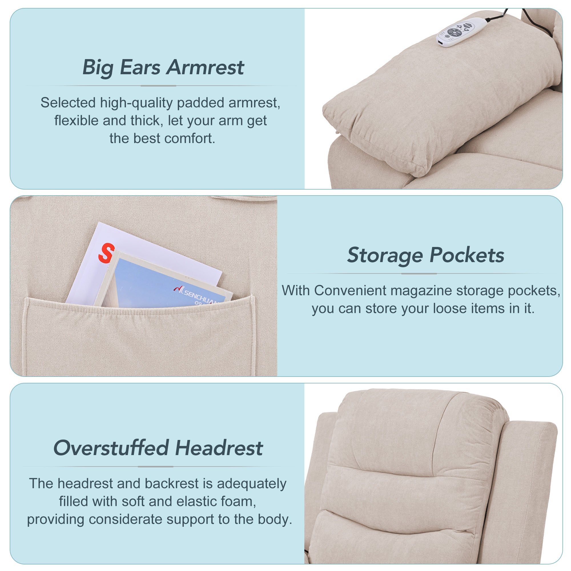 Beige infinite position massage and heat power lift recliner, features