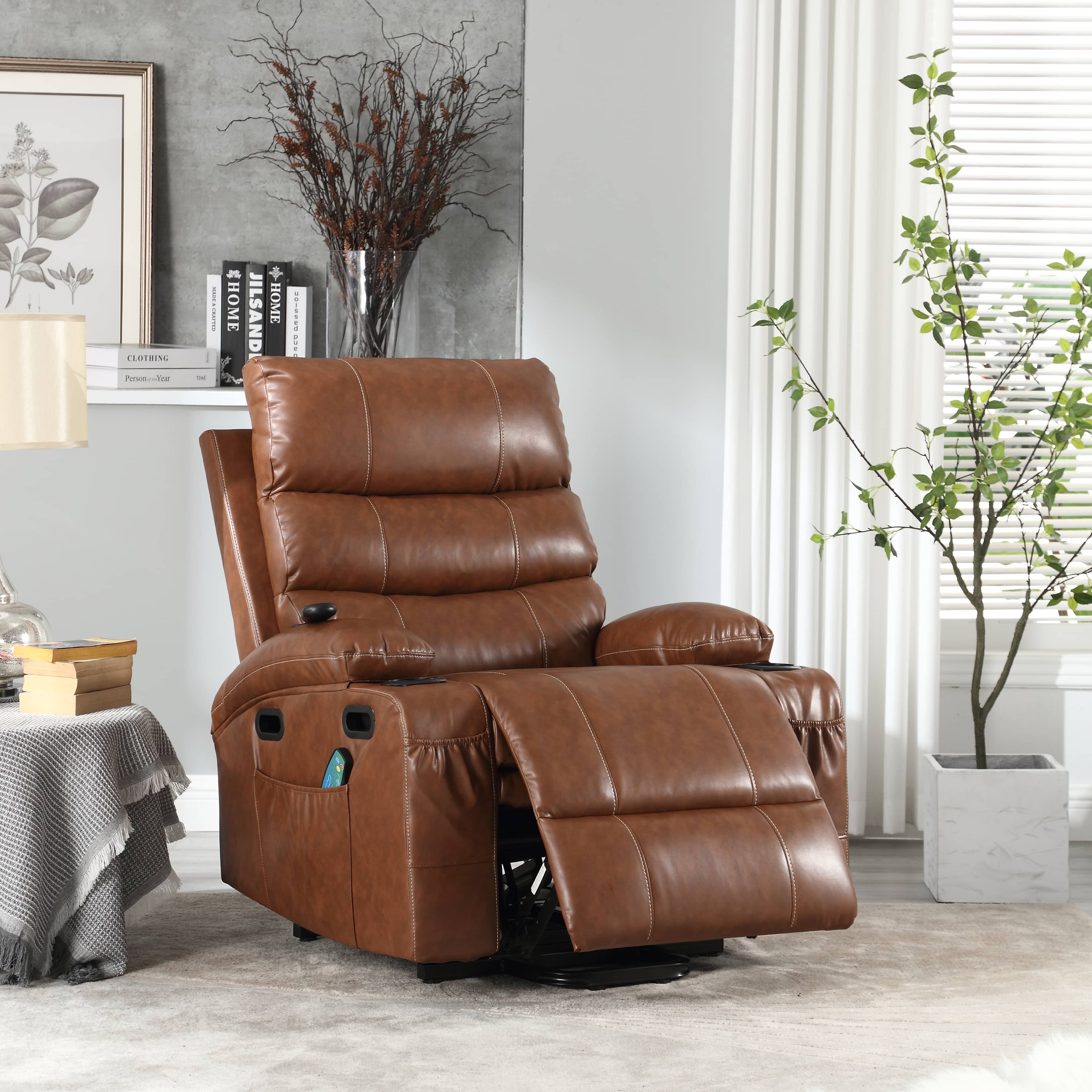 Overstuffed Large Power Lift Recliner with Massage and Heat, Brown, room view with foot rest extending