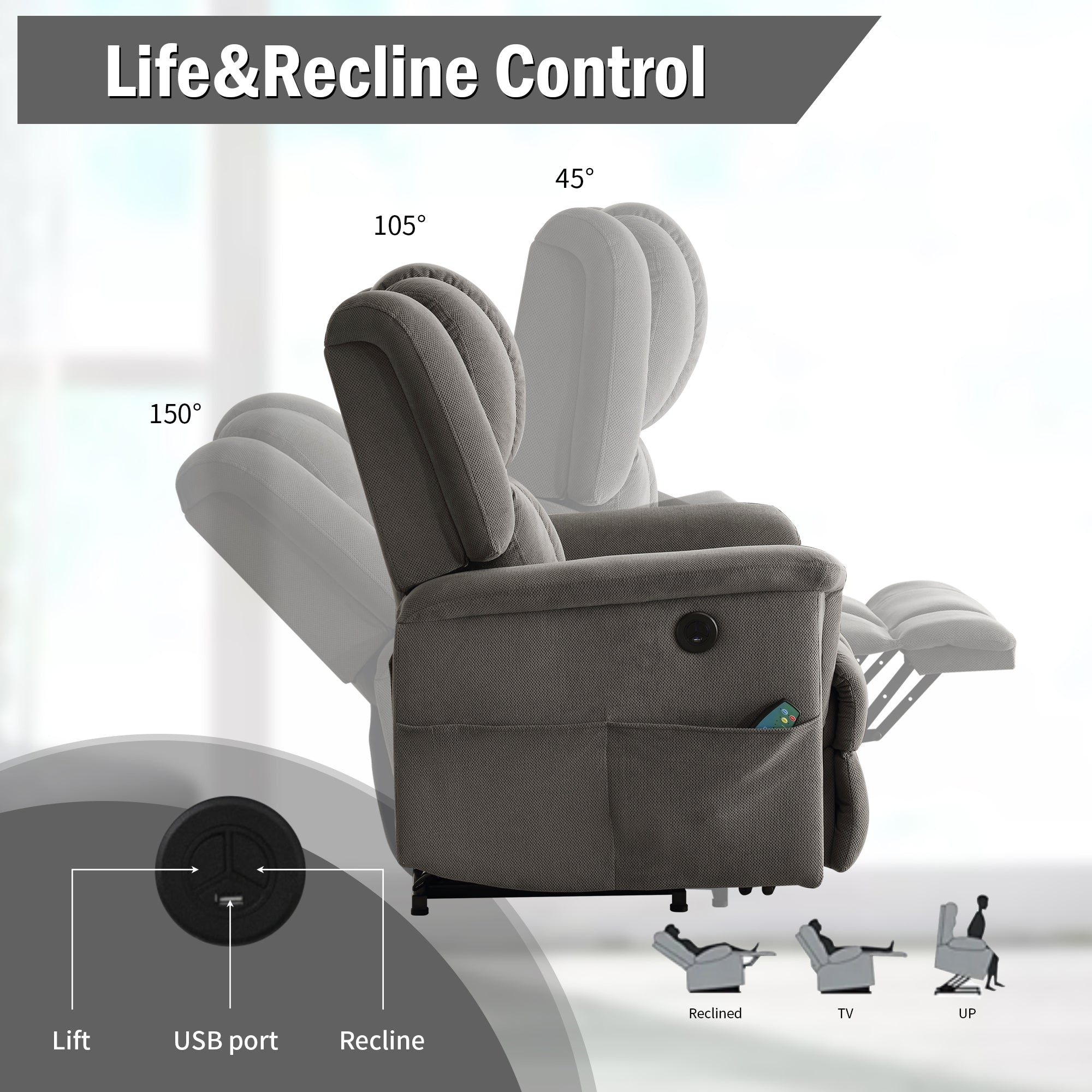 Infinite Position Power Lift Recliner with Heat and Massage, Dark Gray, side button control