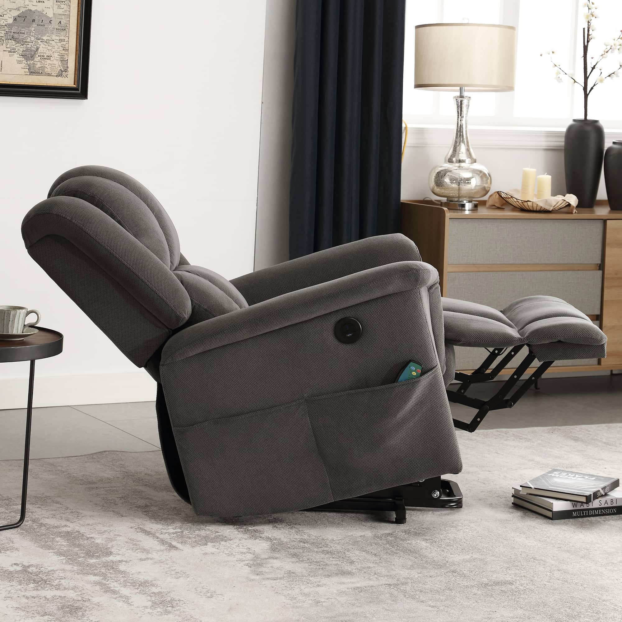 Infinite Position Power Lift Recliner with Heat and Massage, Dark Gray, side view, reclined