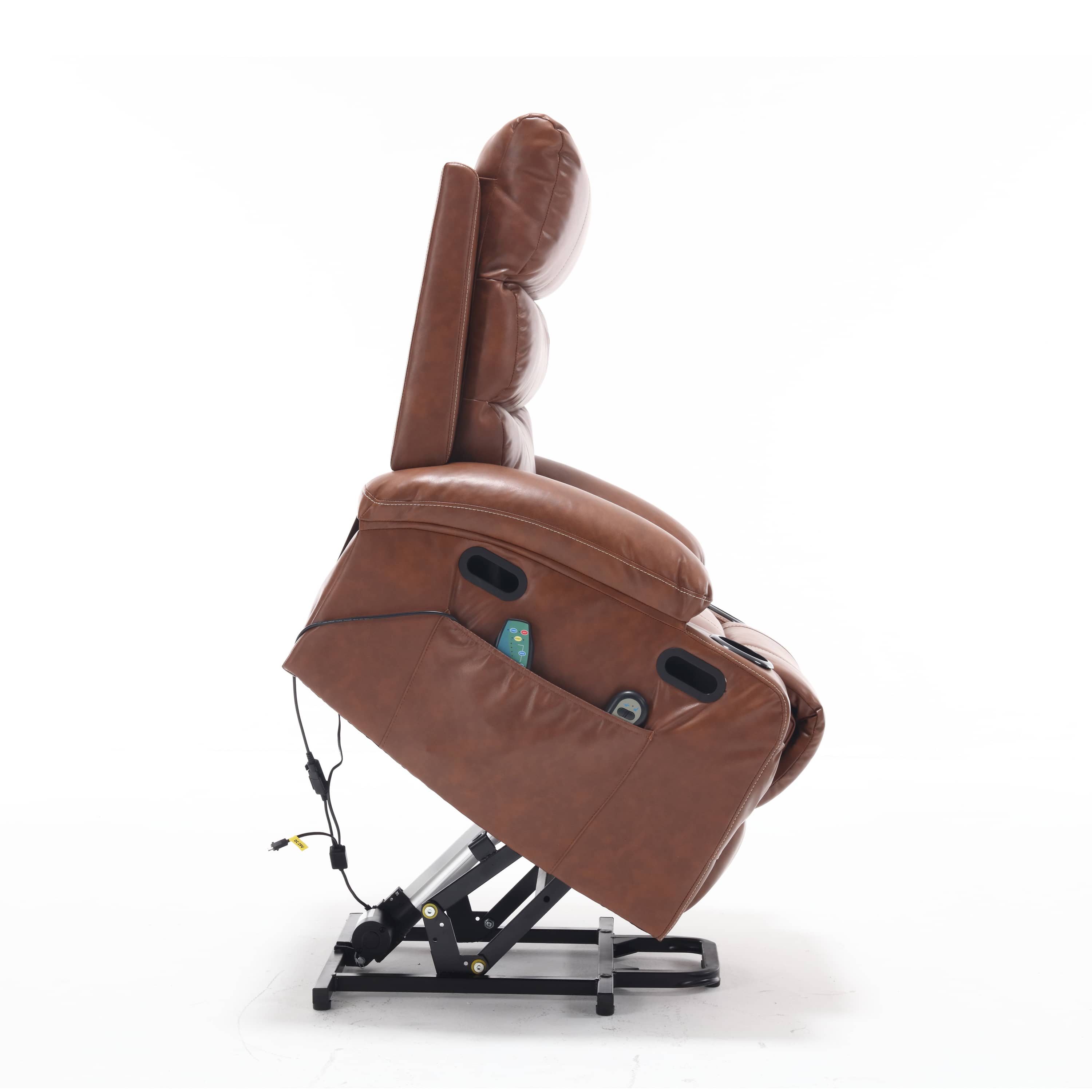 Overstuffed Large Power Lift Recliner with Massage and Heat, Brown, lifted side view