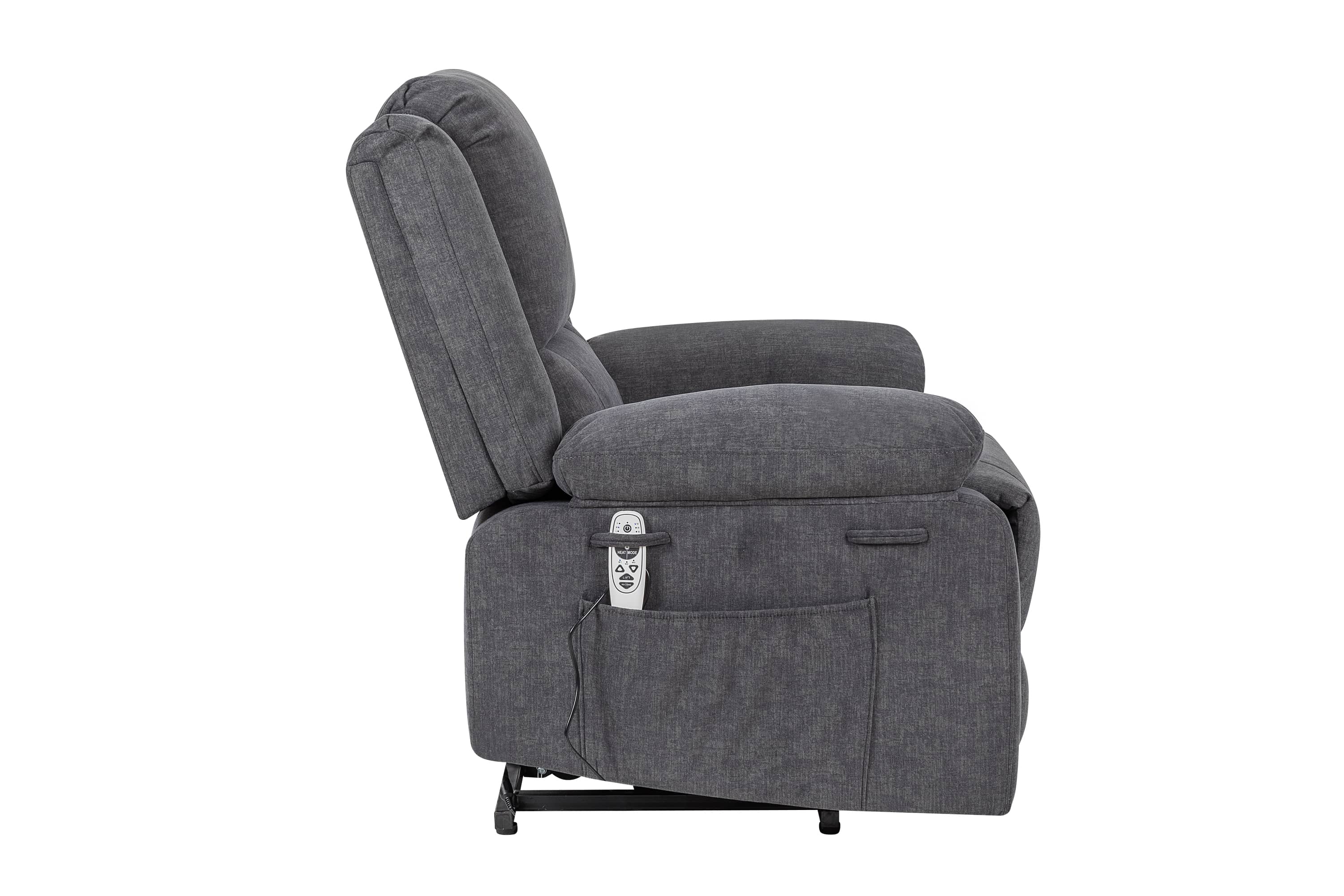 Heavy Duty Power Recliner Chair With Massage and Heating, Grey, side pocket and remote holder