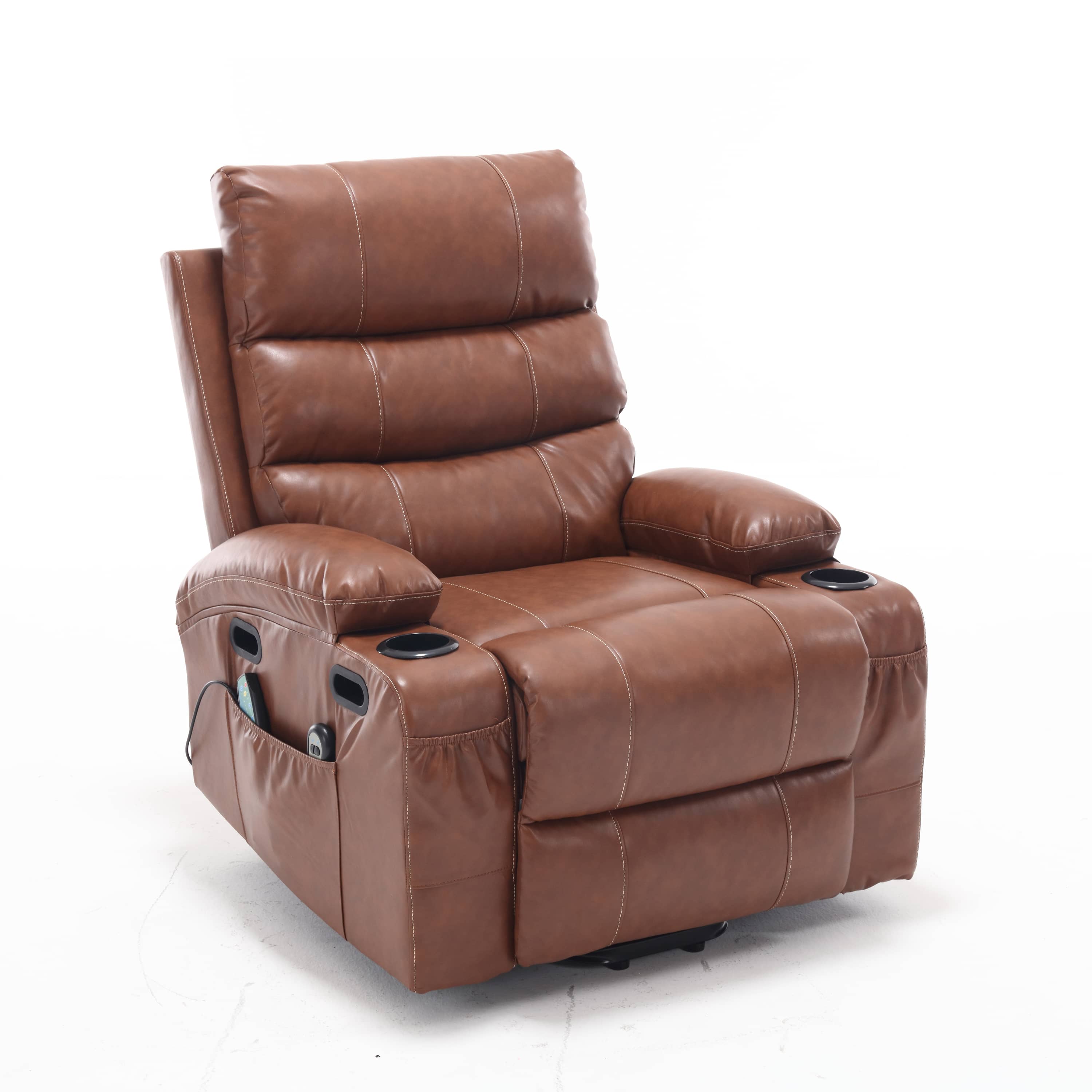 Overstuffed Large Power Lift Recliner with Massage and Heat, Brown, seated, angle view