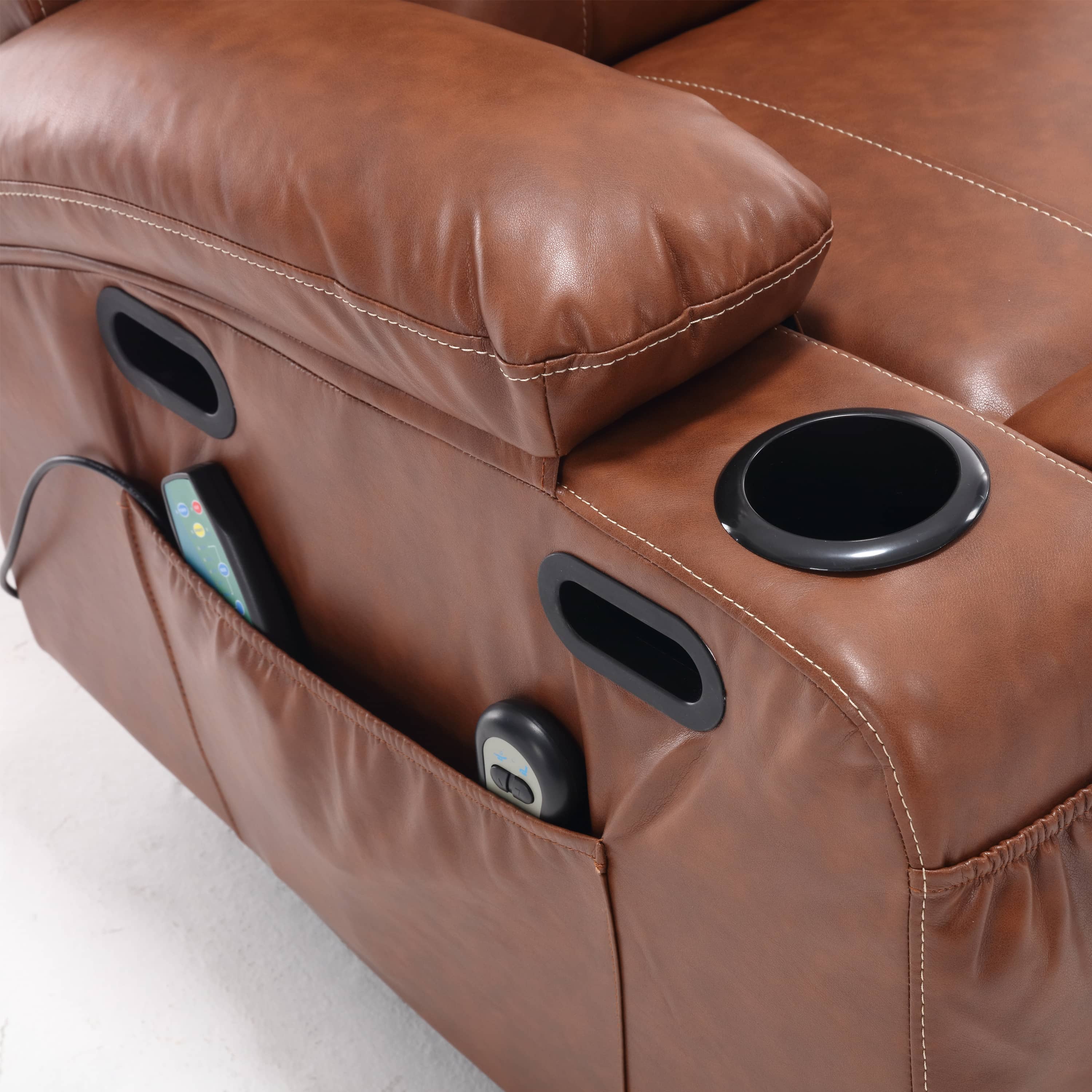 Overstuffed Large Power Lift Recliner with Massage and Heat, Brown, close up of side pocket and cup holder