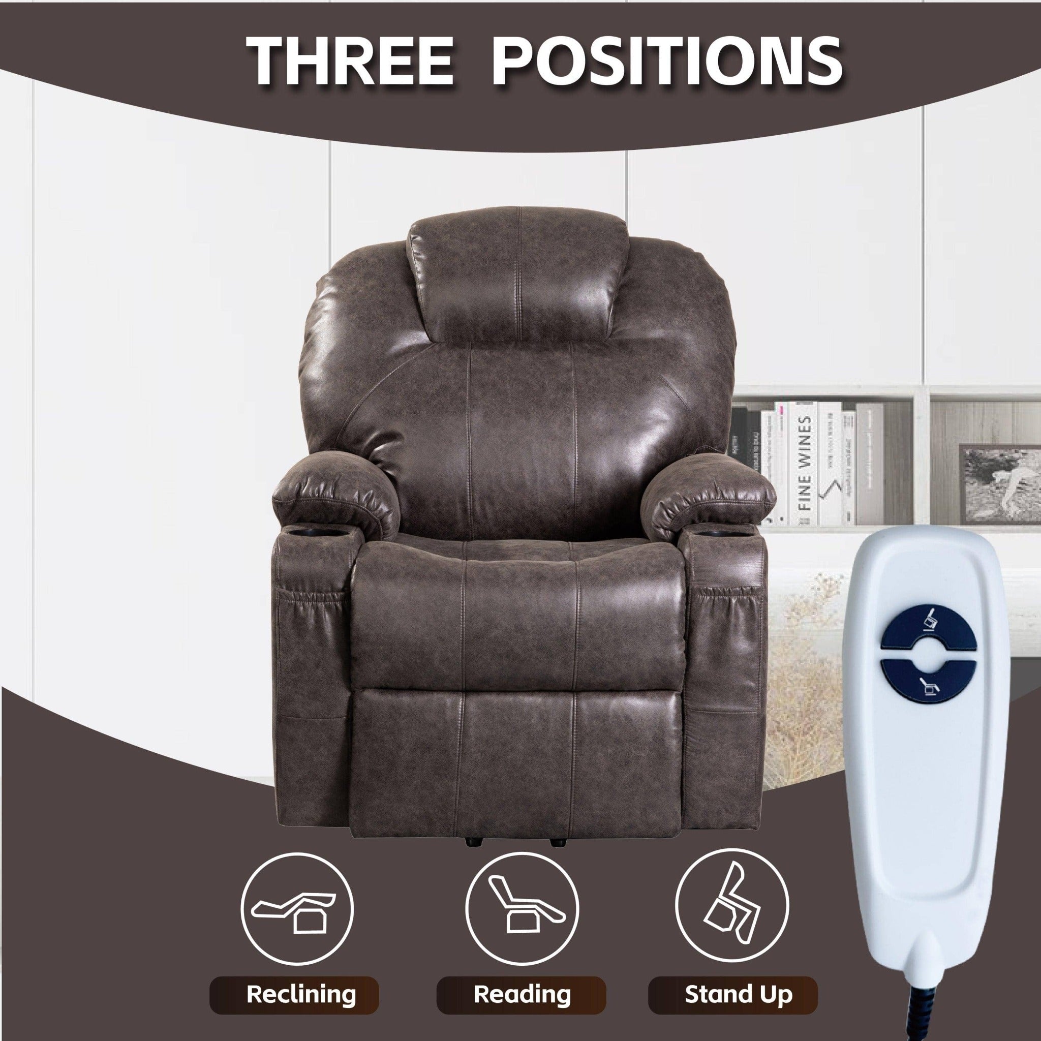 Lift Chair Recliner, Dark Brown, positions