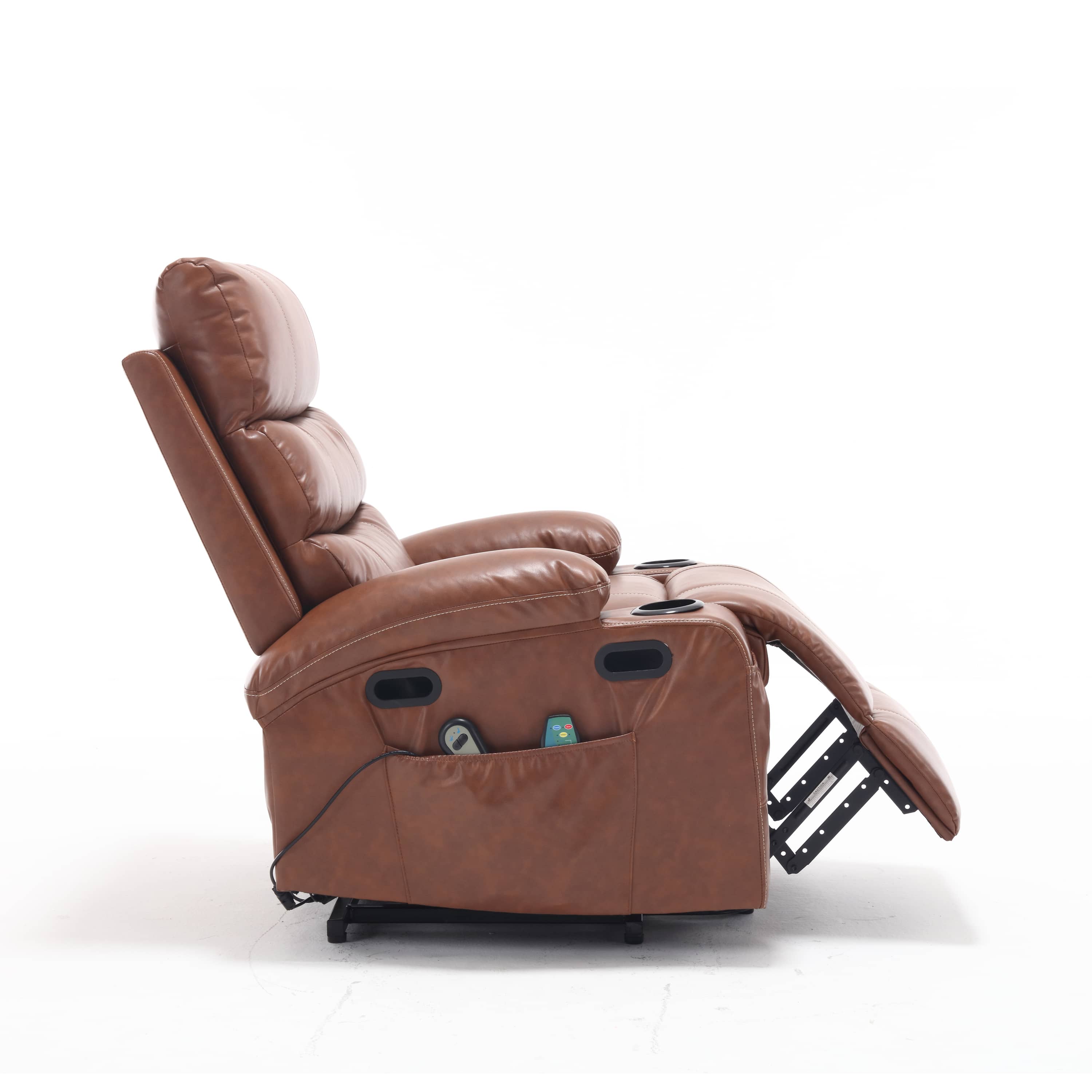 Overstuffed Large Power Lift Recliner with Massage and Heat, Brown, side view foot rest extending