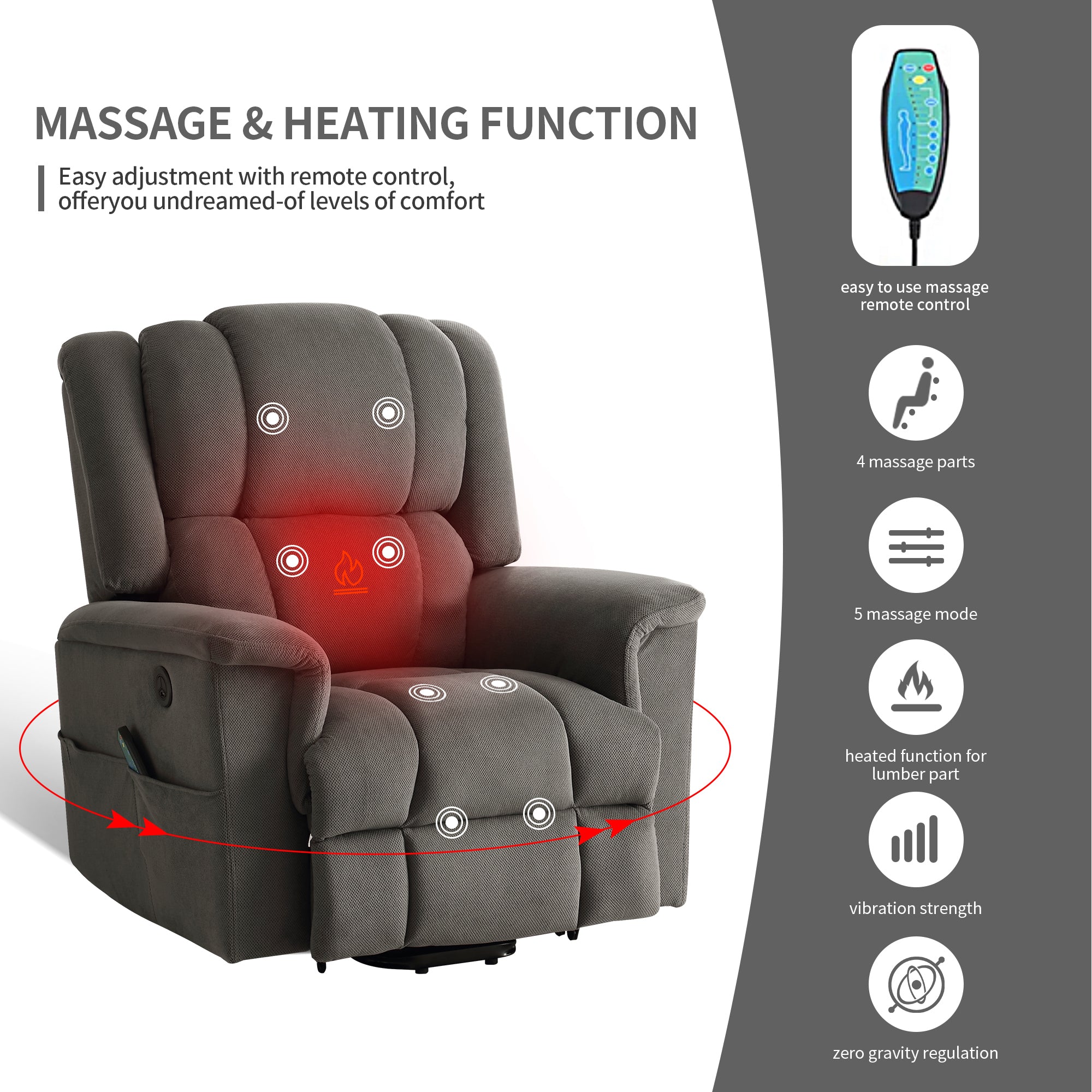Infinite Position Power Lift Recliner with Heat and Massage, Dark Gray, massage and heating functions