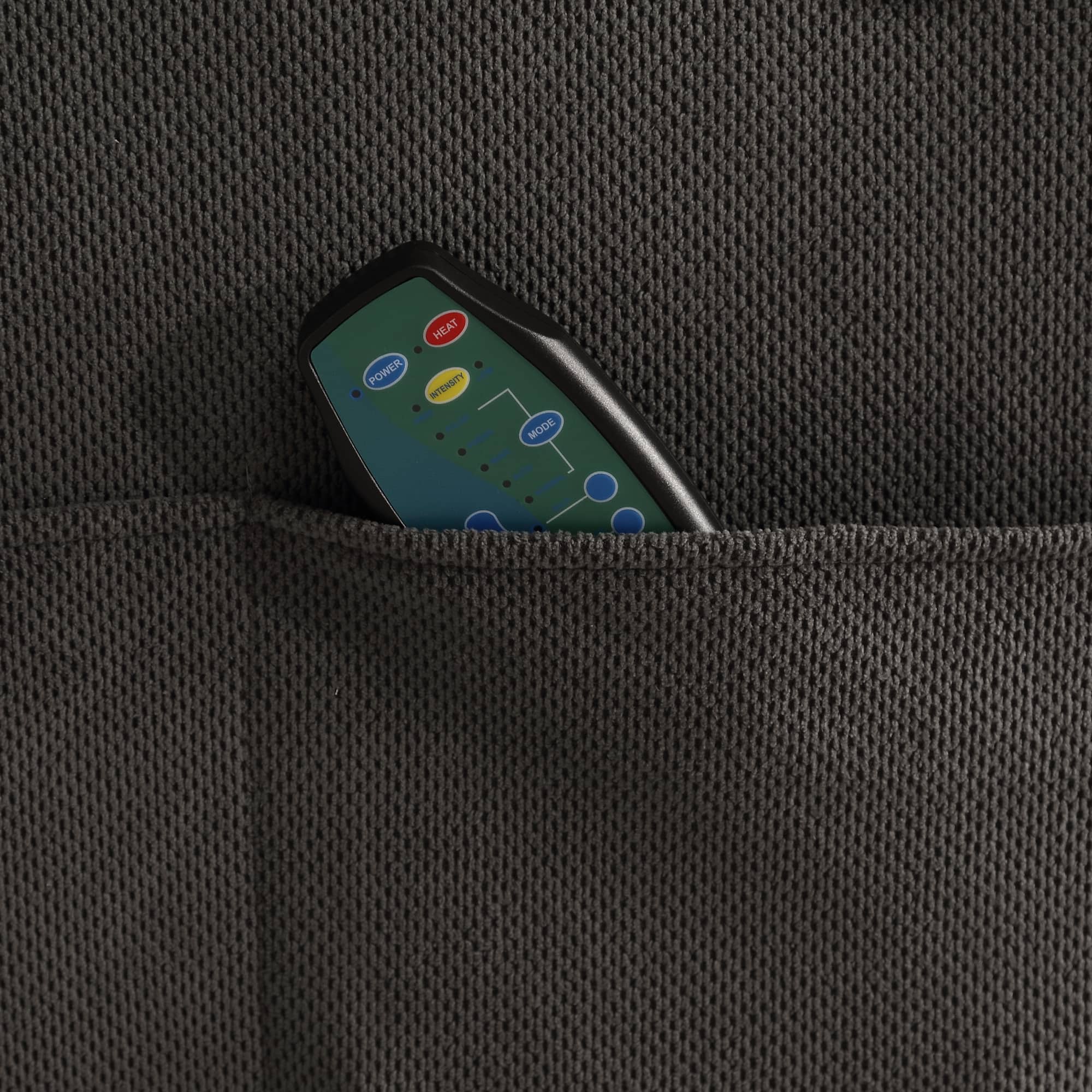 Infinite Position Power Lift Recliner with Heat and Massage, Dark Gray, close up of side pocket