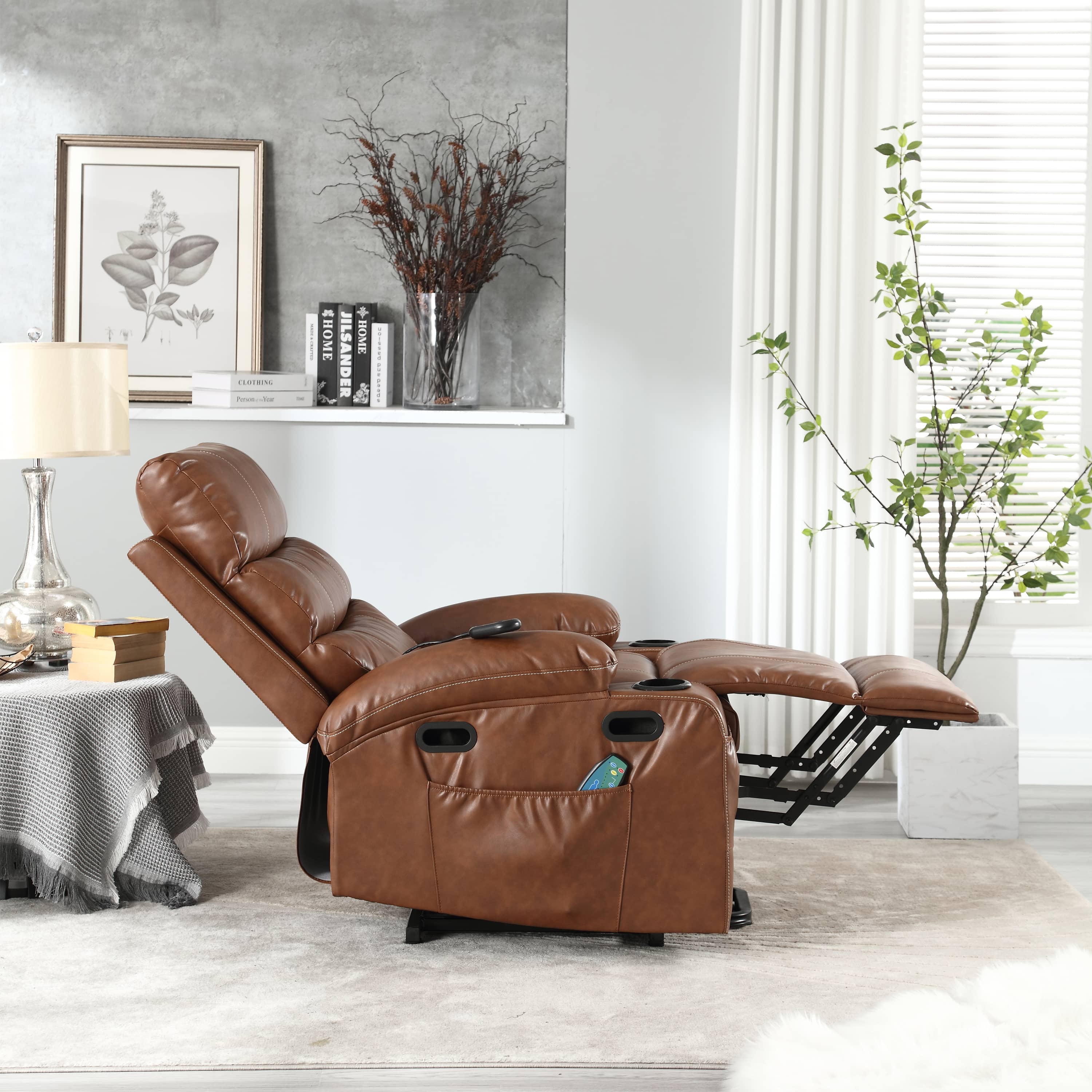 Overstuffed Large Power Lift Recliner with Massage and Heat, Brown, side view, reclined