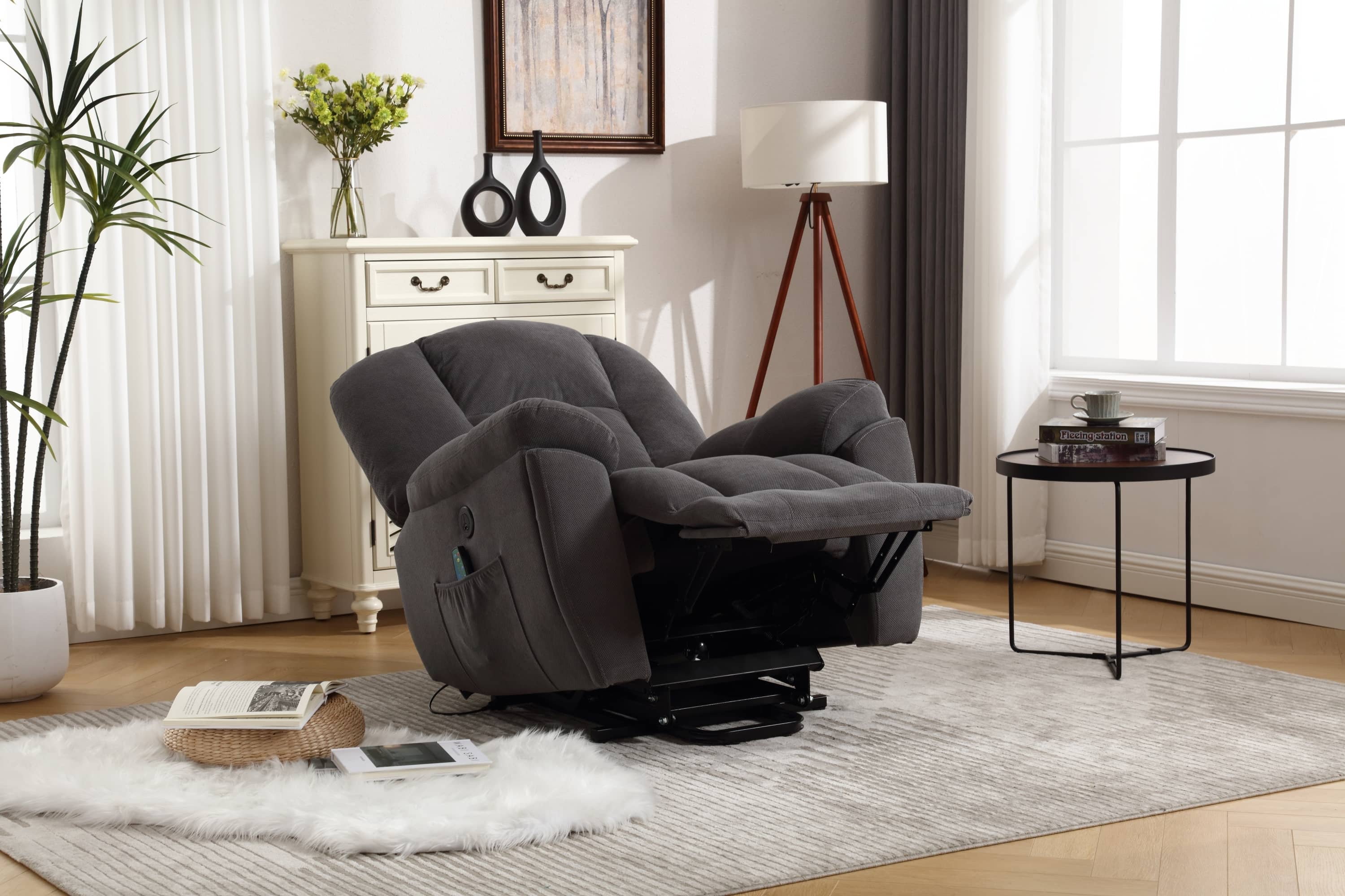 Infinite Position Power Lift Recliner with Heat and Massage, Dark Gray, room view, fully reclined