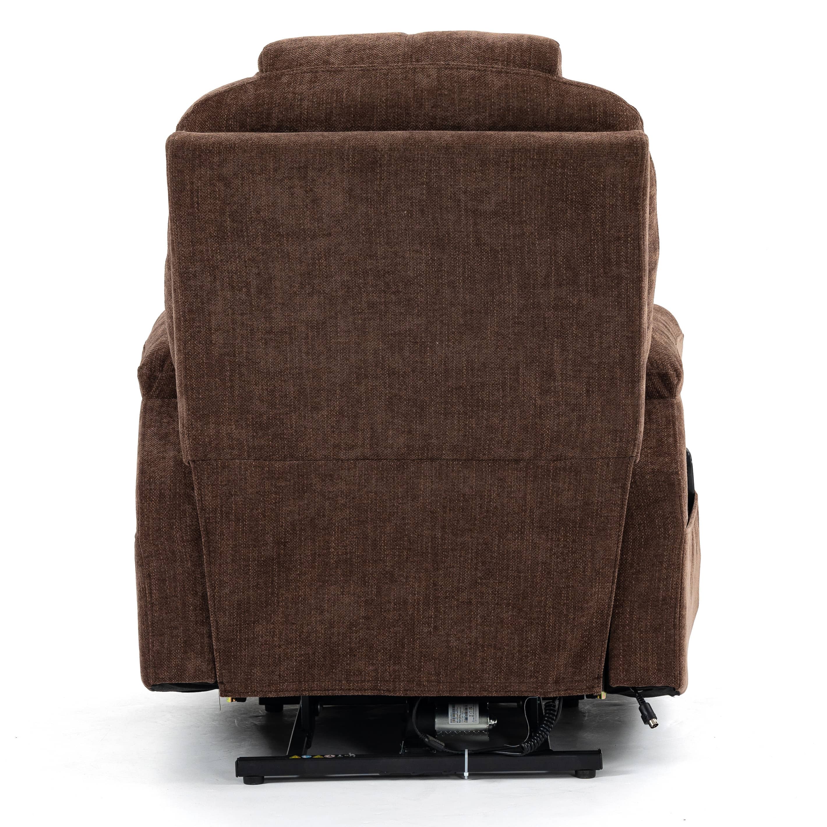 Brown Chenille Power Lift Recliner Chair, back view seated