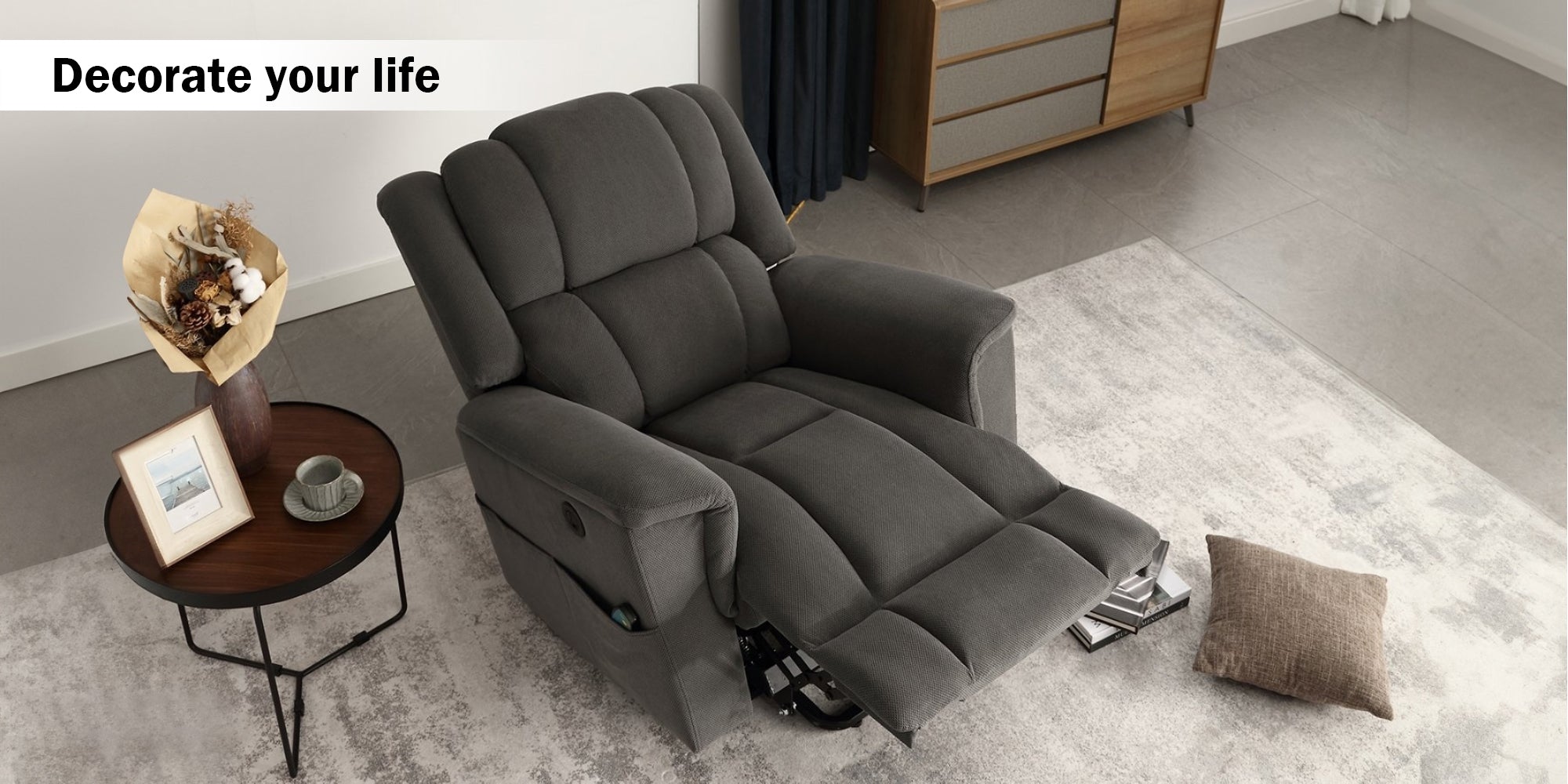 Infinite Position Power Lift Recliner with Heat and Massage, Dark Gray, overview of recliner