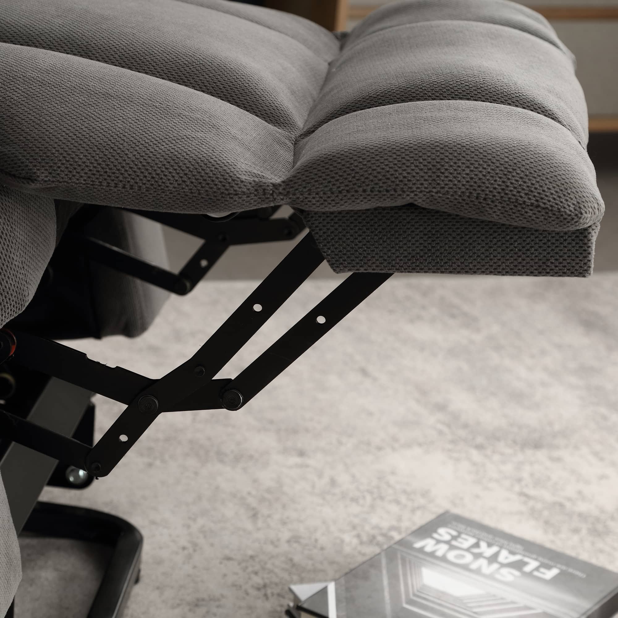 Infinite Position Power Lift Recliner with Heat and Massage, Dark Gray, close up of foot rest extended