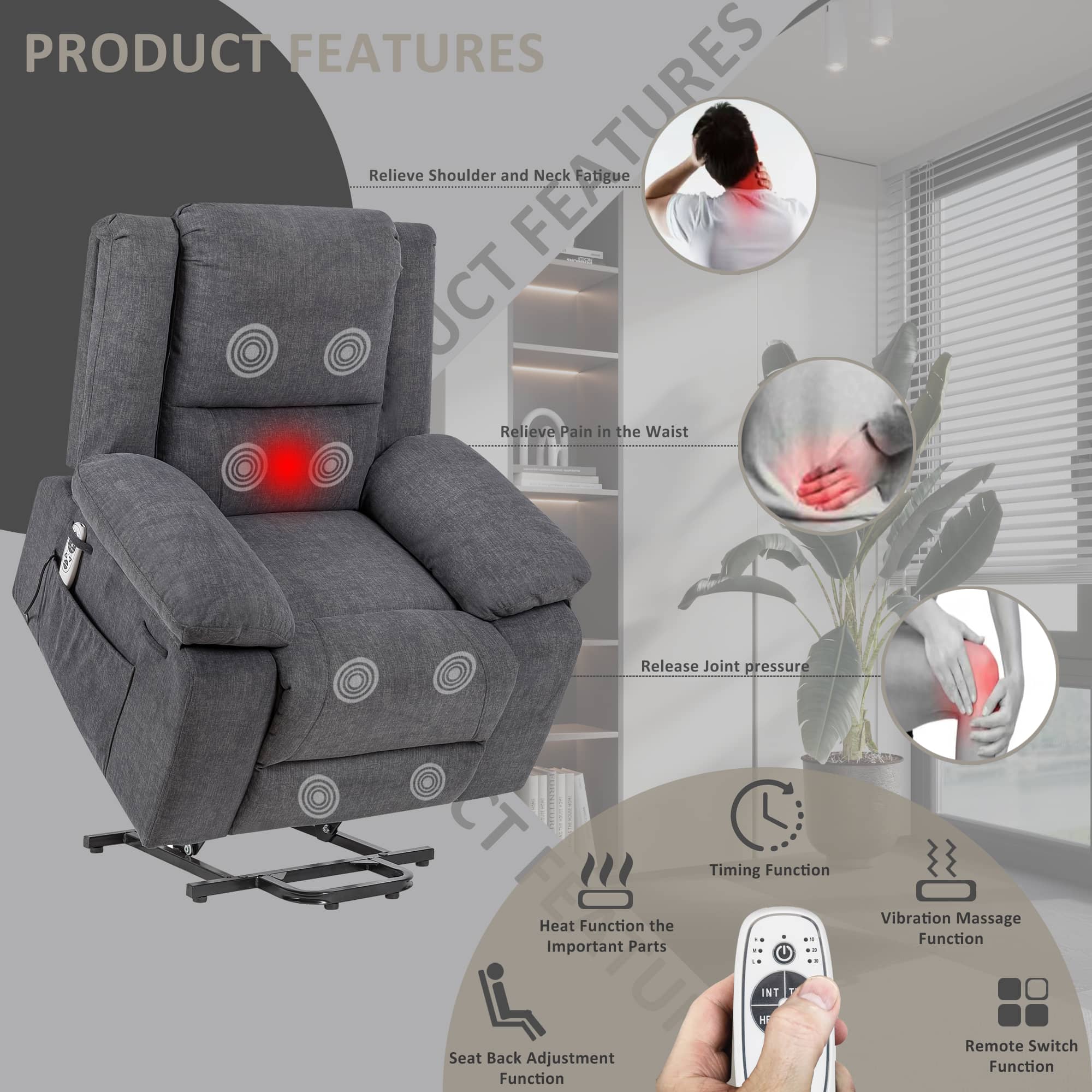 Heavy Duty Power Recliner Chair With Massage and Heating, Grey