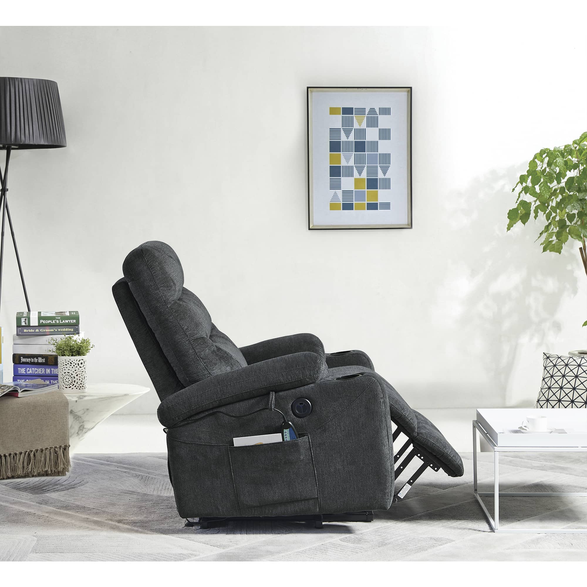 Dark Gray Power Lift Chair Right Profile with Footrest Extended