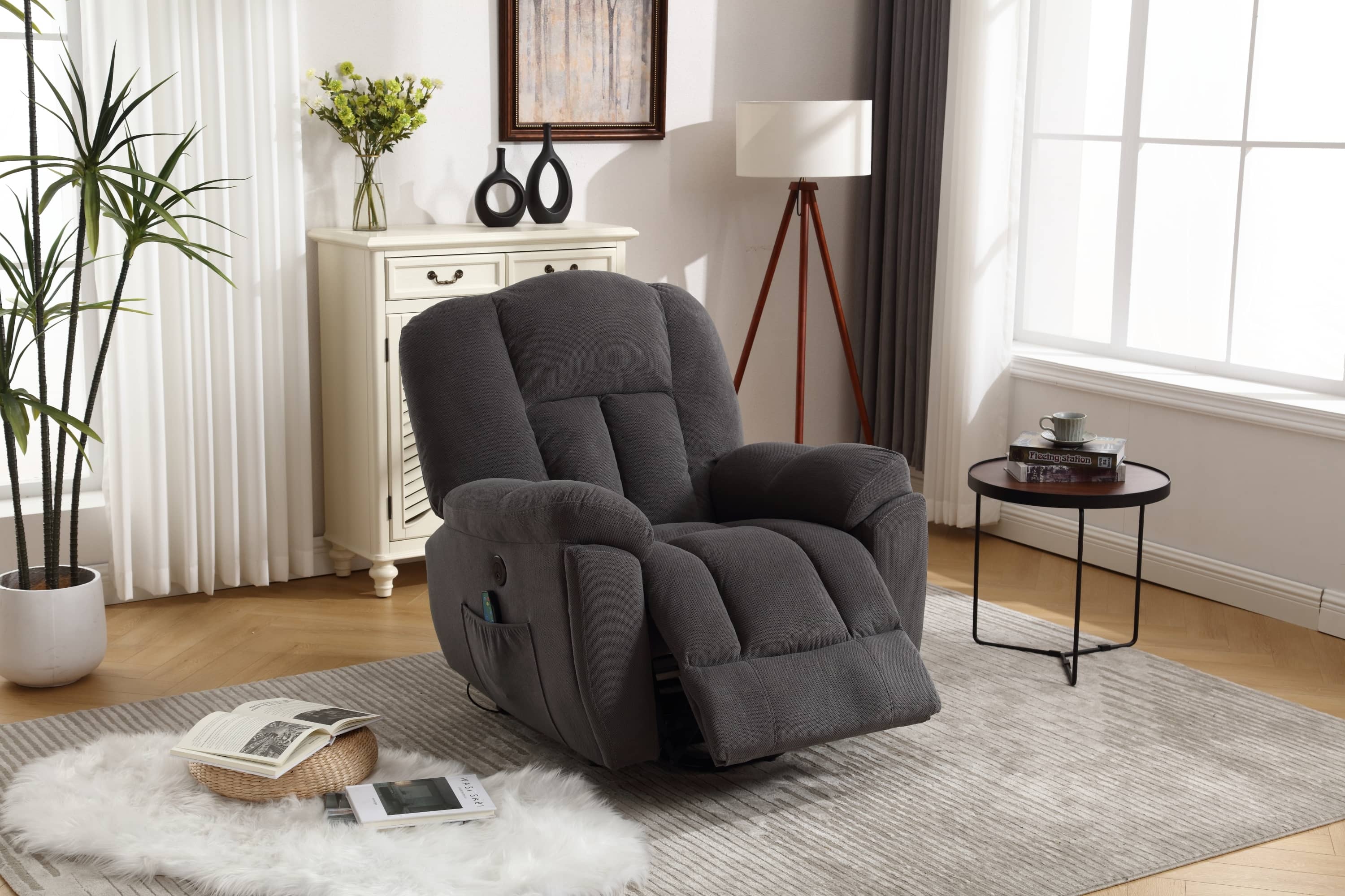 Infinite Position Power Lift Recliner with Heat and Massage, Dark Gray, room view, reclined